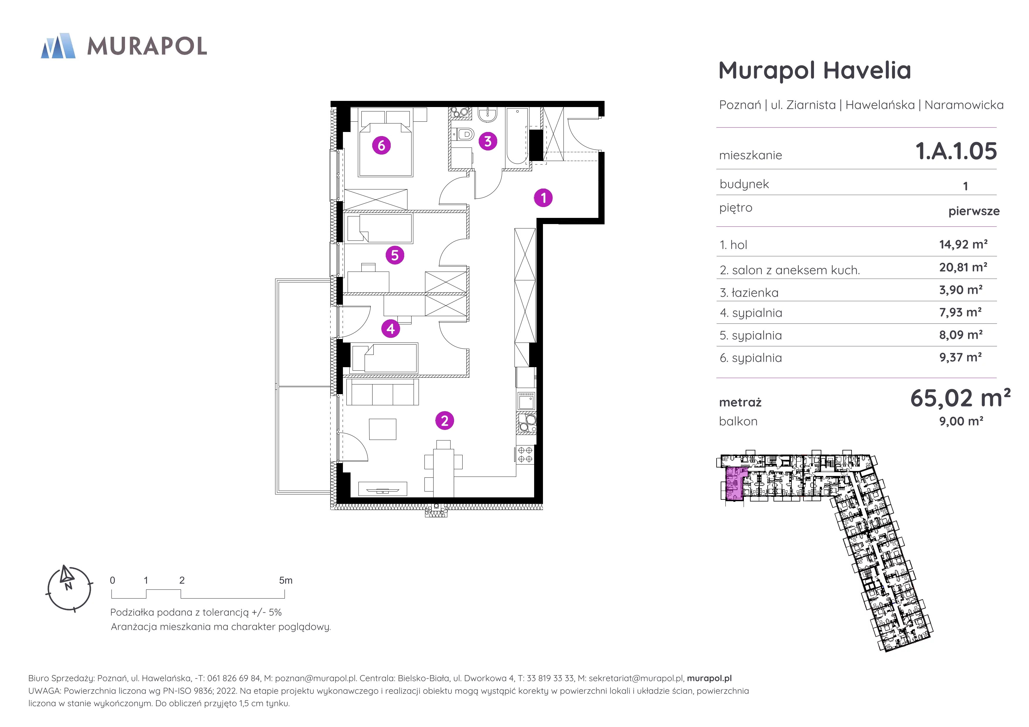 4 pokoje, mieszkanie 65,02 m², piętro 1, oferta nr 1.A.1.05, Murapol Havelia, Poznań, Winogrady, Stare Winogrady, ul. Ziarnista / Naramowicka