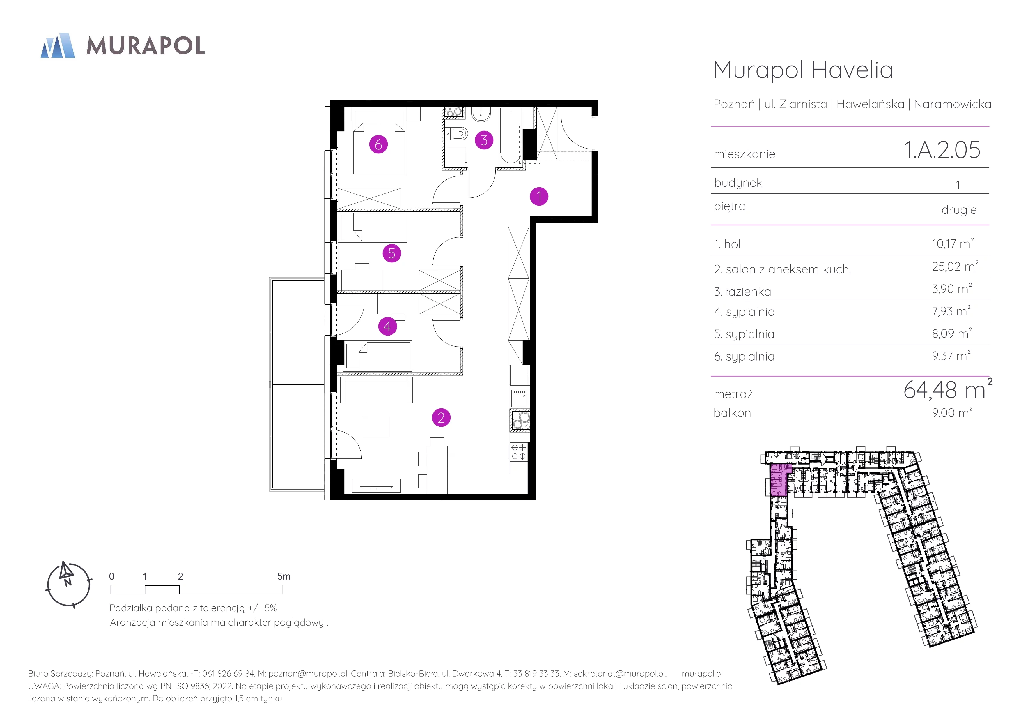 4 pokoje, mieszkanie 64,48 m², piętro 2, oferta nr 1.A.2.05, Murapol Havelia, Poznań, Winogrady, Stare Winogrady, ul. Ziarnista / Naramowicka