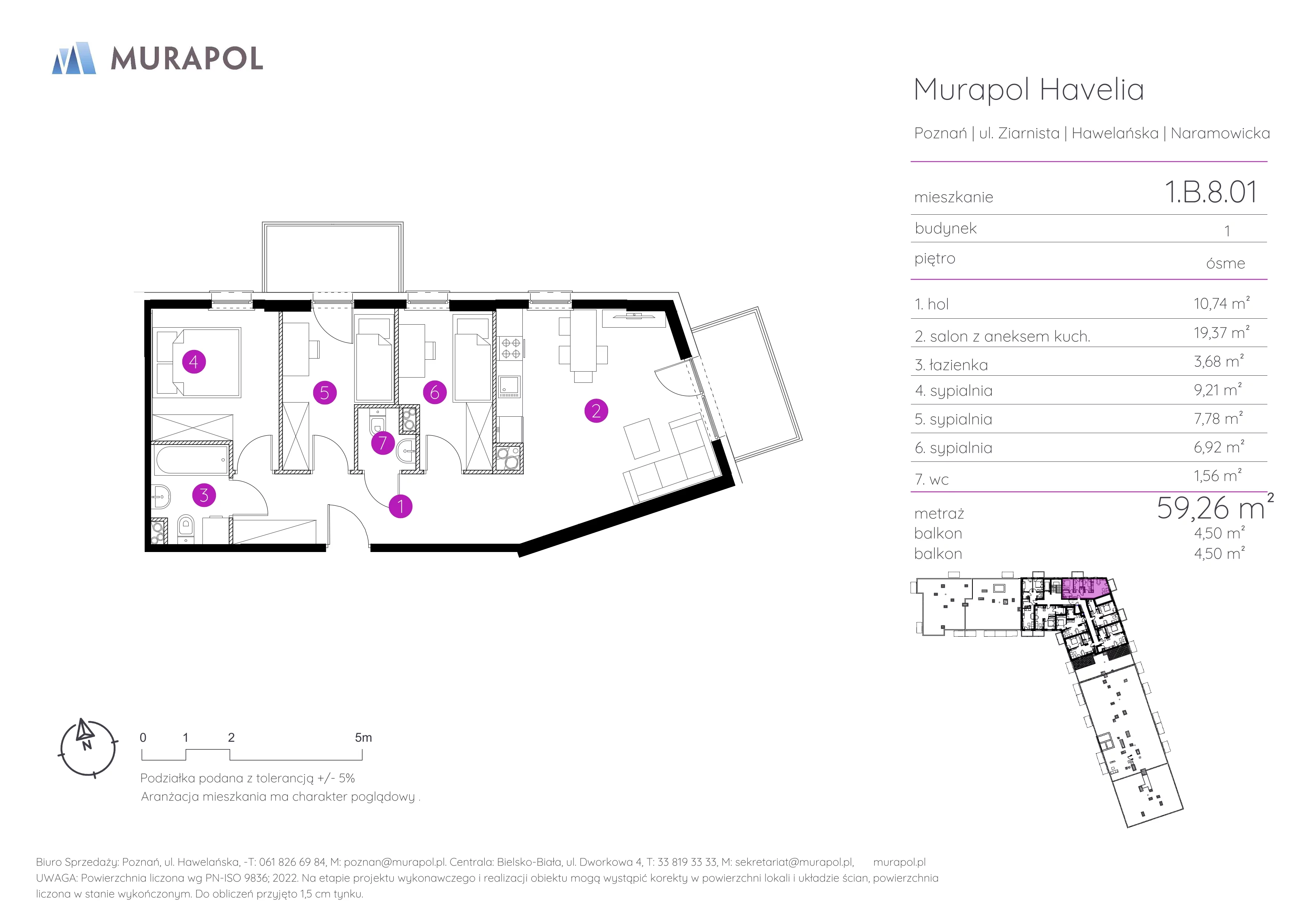 4 pokoje, mieszkanie 59,26 m², piętro 8, oferta nr 1.B.8.01, Murapol Havelia, Poznań, Winogrady, Stare Winogrady, ul. Ziarnista / Naramowicka