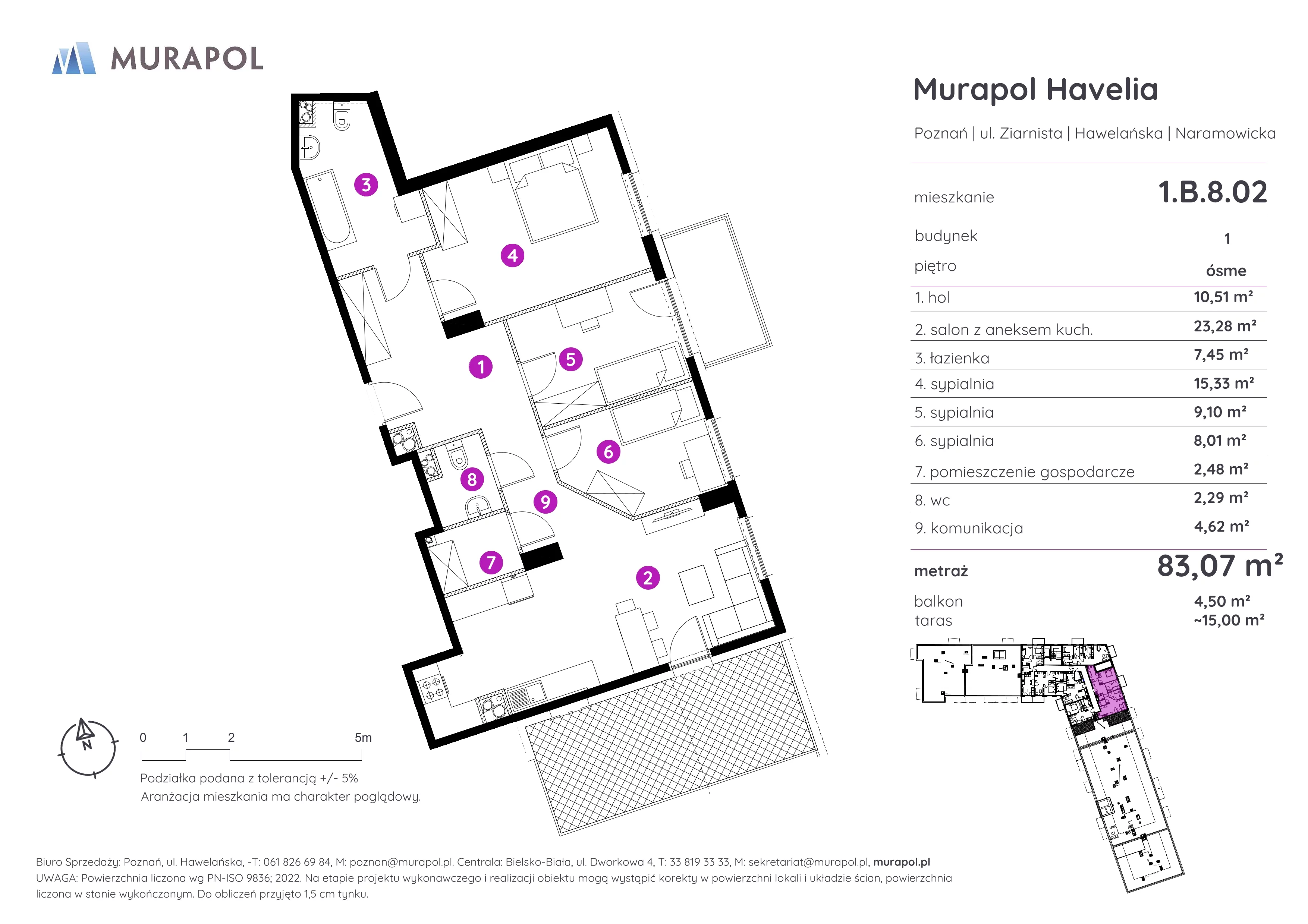 4 pokoje, mieszkanie 83,07 m², piętro 8, oferta nr 1.B.8.02, Murapol Havelia, Poznań, Winogrady, Stare Winogrady, ul. Ziarnista / Naramowicka