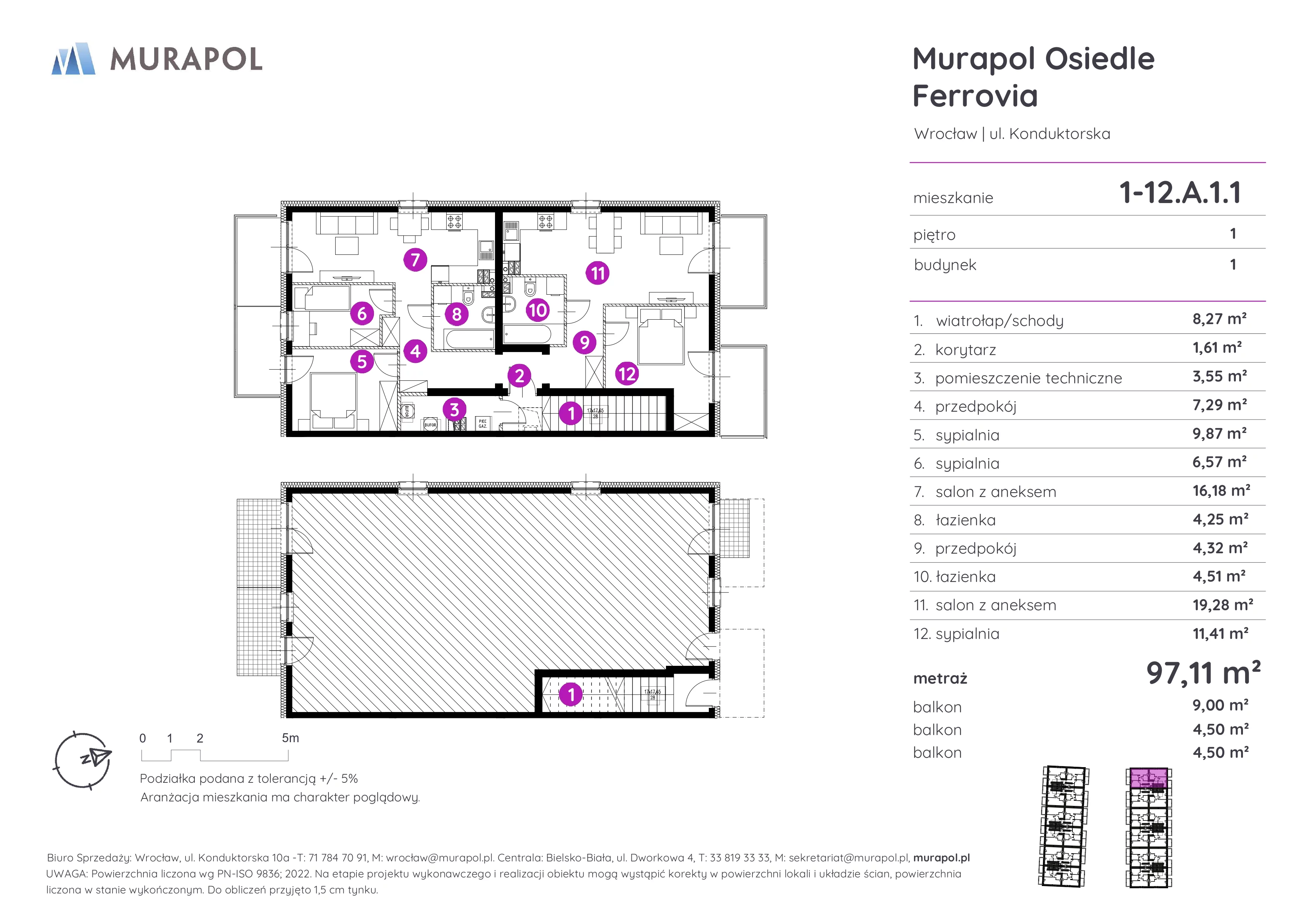 Mieszkanie 97,11 m², piętro 1, oferta nr 1-12.A.1.1, Murapol Osiedle Ferrovia, Wrocław, Brochów, Krzyki, ul. Konduktorska