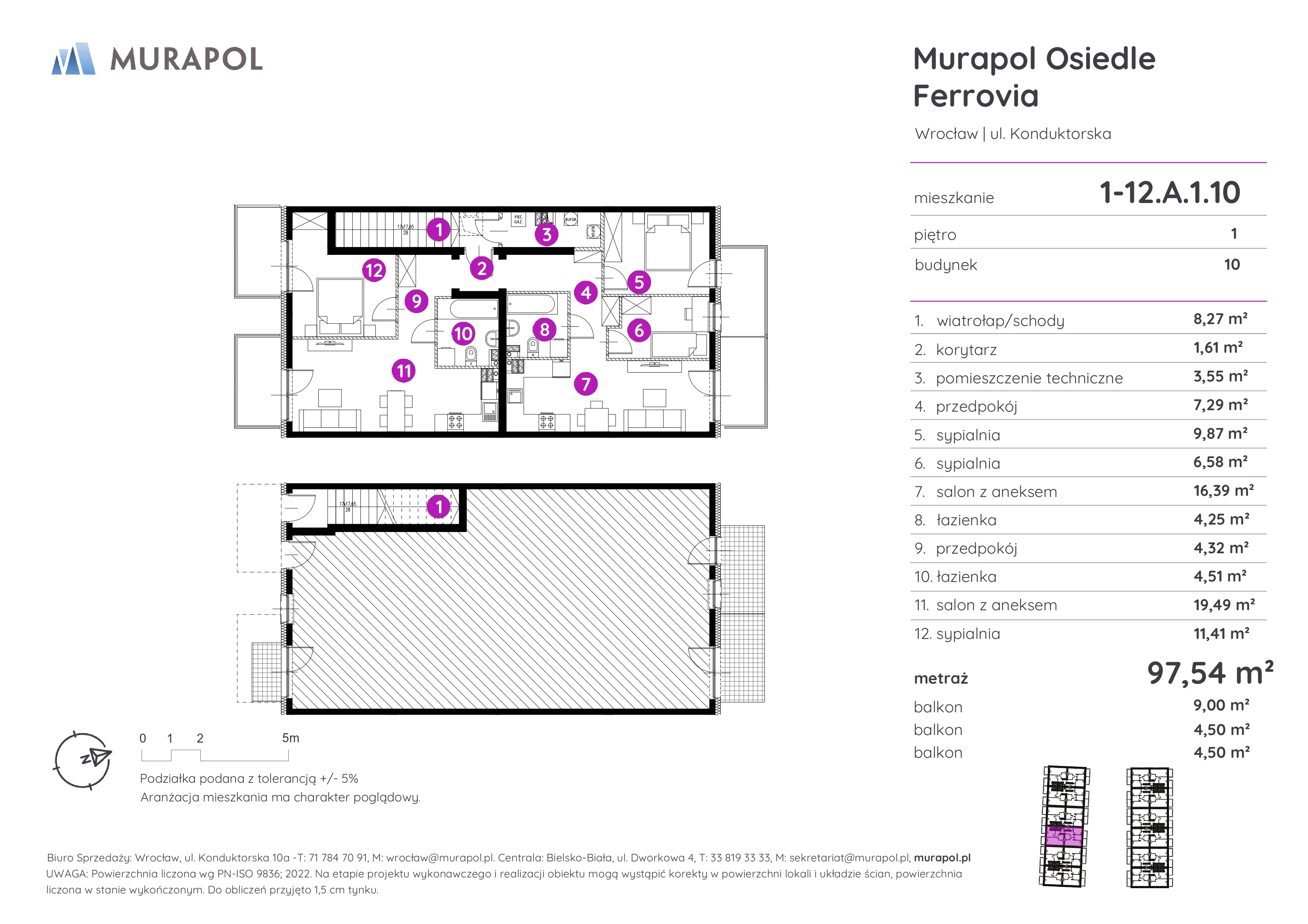 Mieszkanie 97,54 m², piętro 1, oferta nr 1-12.A.1.10, Murapol Osiedle Ferrovia, Wrocław, Brochów, Krzyki, ul. Konduktorska