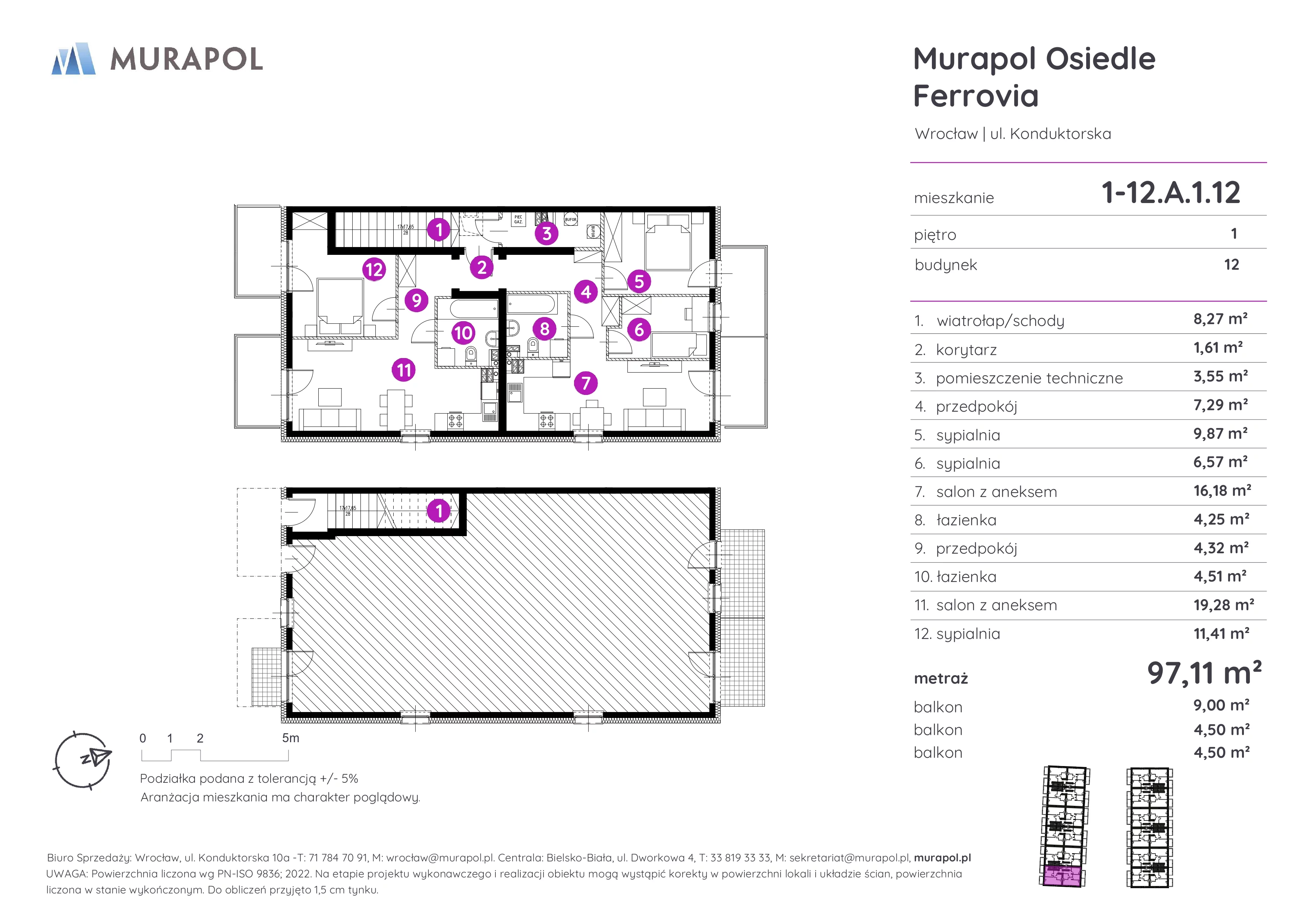 Mieszkanie 97,11 m², piętro 1, oferta nr 1-12.A.1.12, Murapol Osiedle Ferrovia, Wrocław, Brochów, Krzyki, ul. Konduktorska