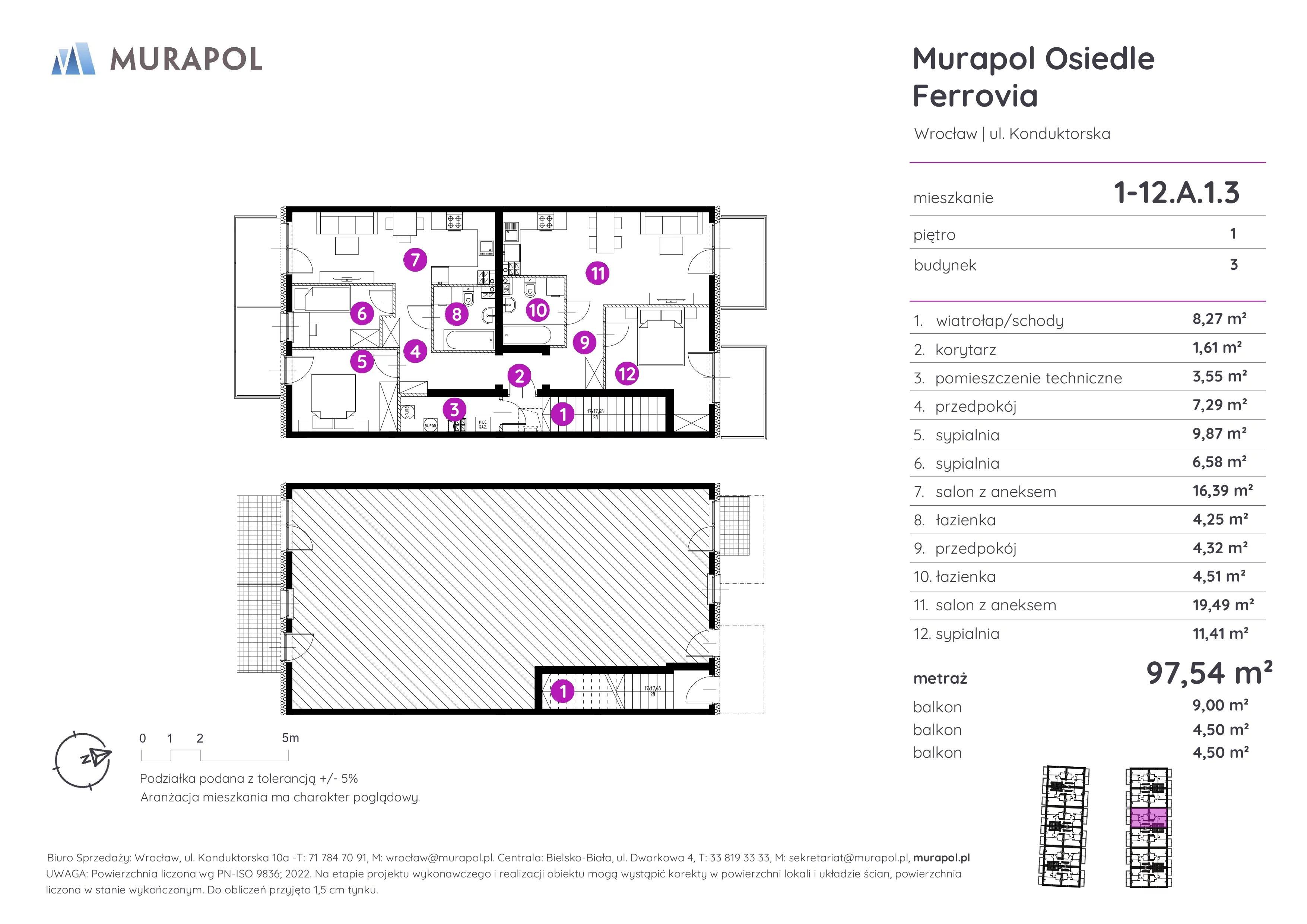 Mieszkanie 97,54 m², piętro 1, oferta nr 1-12.A.1.3, Murapol Osiedle Ferrovia, Wrocław, Brochów, Krzyki, ul. Konduktorska