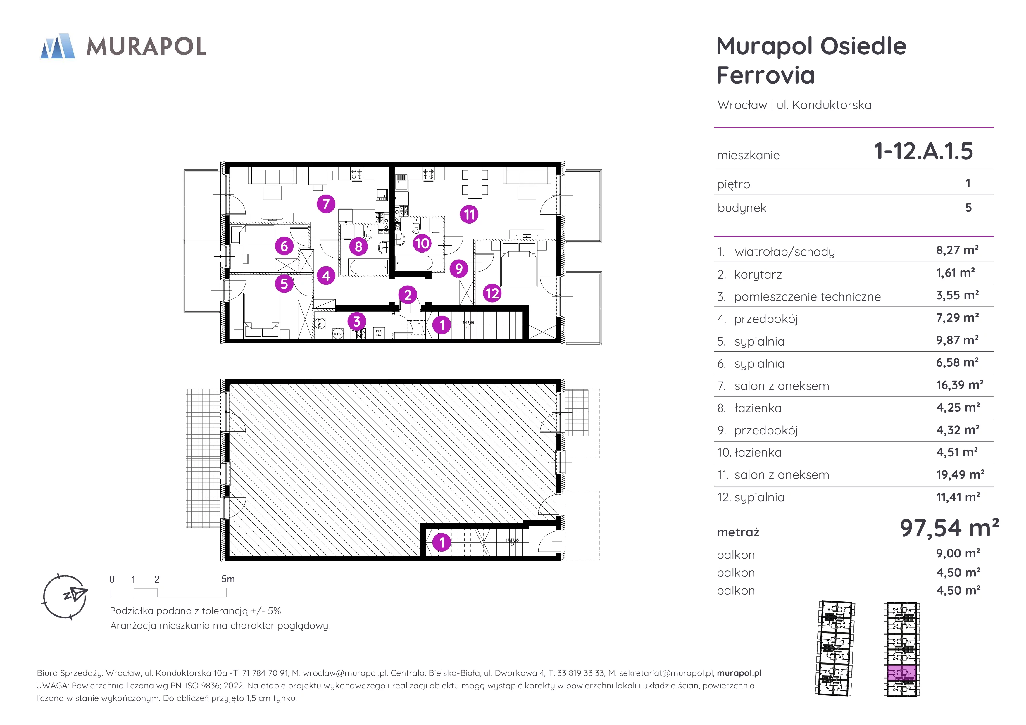 Mieszkanie 97,54 m², piętro 1, oferta nr 1-12.A.1.5, Murapol Osiedle Ferrovia, Wrocław, Brochów, Krzyki, ul. Konduktorska