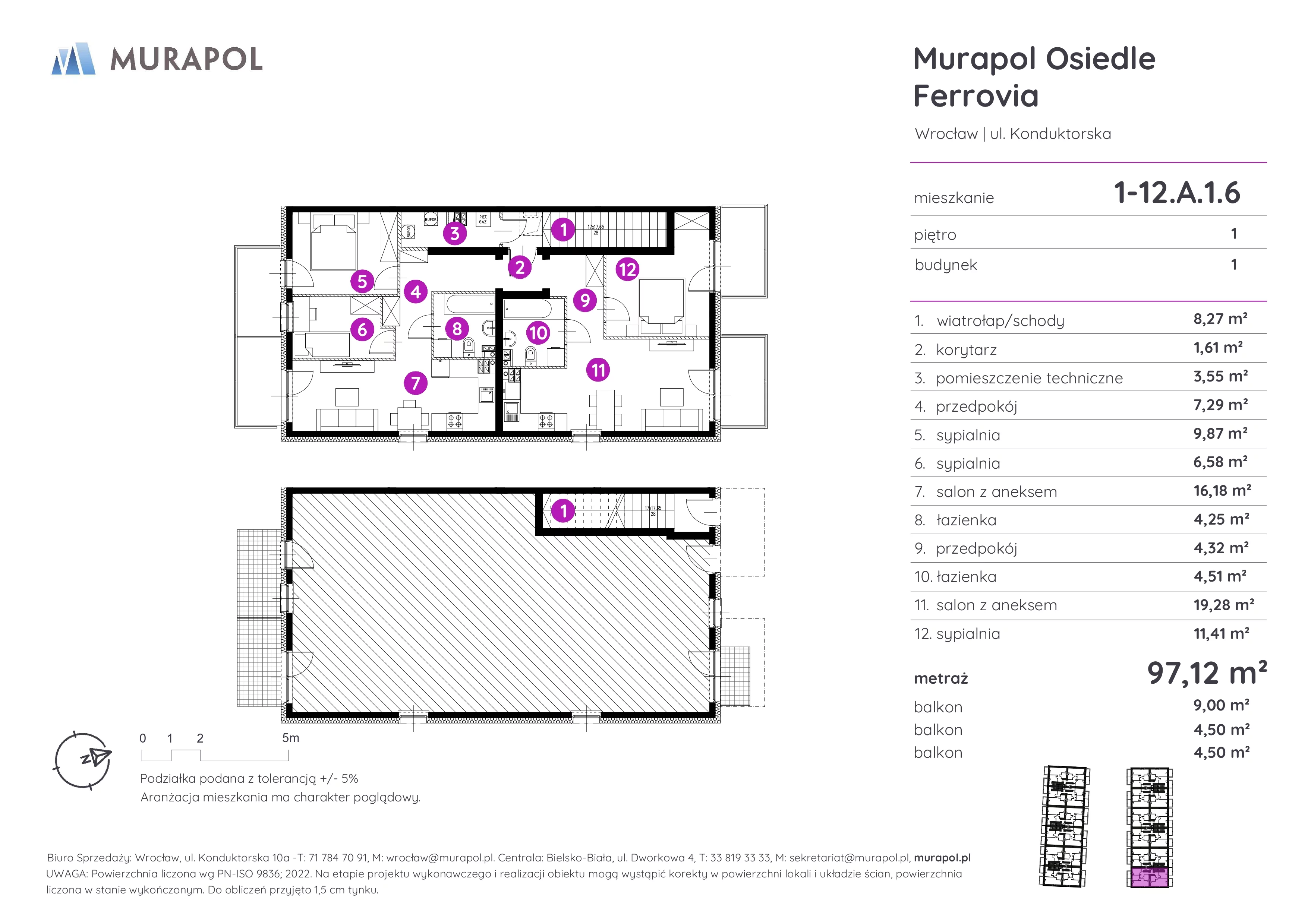 Mieszkanie 97,12 m², piętro 1, oferta nr 1-12.A.1.6, Murapol Osiedle Ferrovia, Wrocław, Brochów, Krzyki, ul. Konduktorska