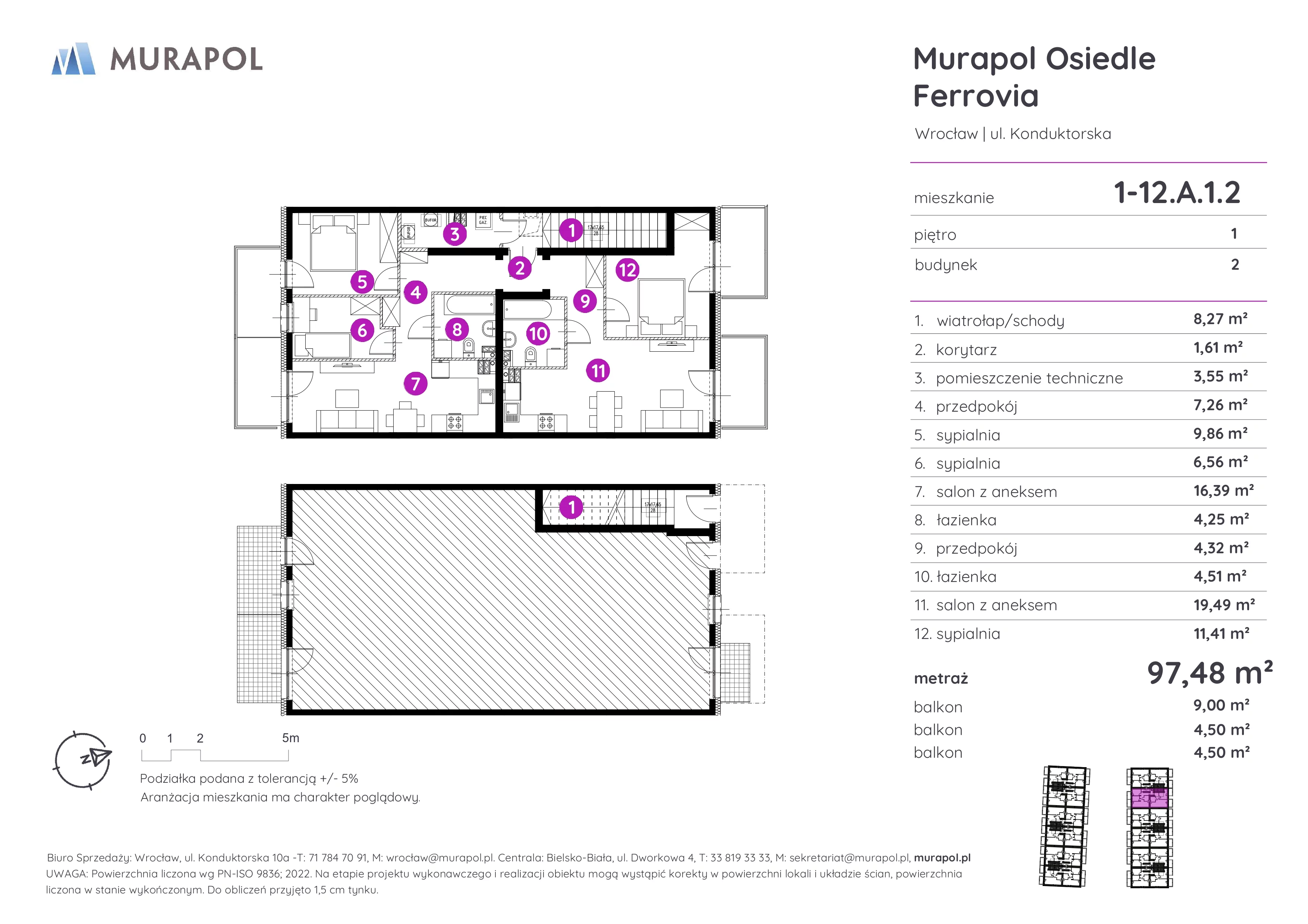 5 pokoi, mieszkanie 97,48 m², piętro 1, oferta nr 1-12.A.1.2, Murapol Osiedle Ferrovia, Wrocław, Brochów, Krzyki, ul. Konduktorska
