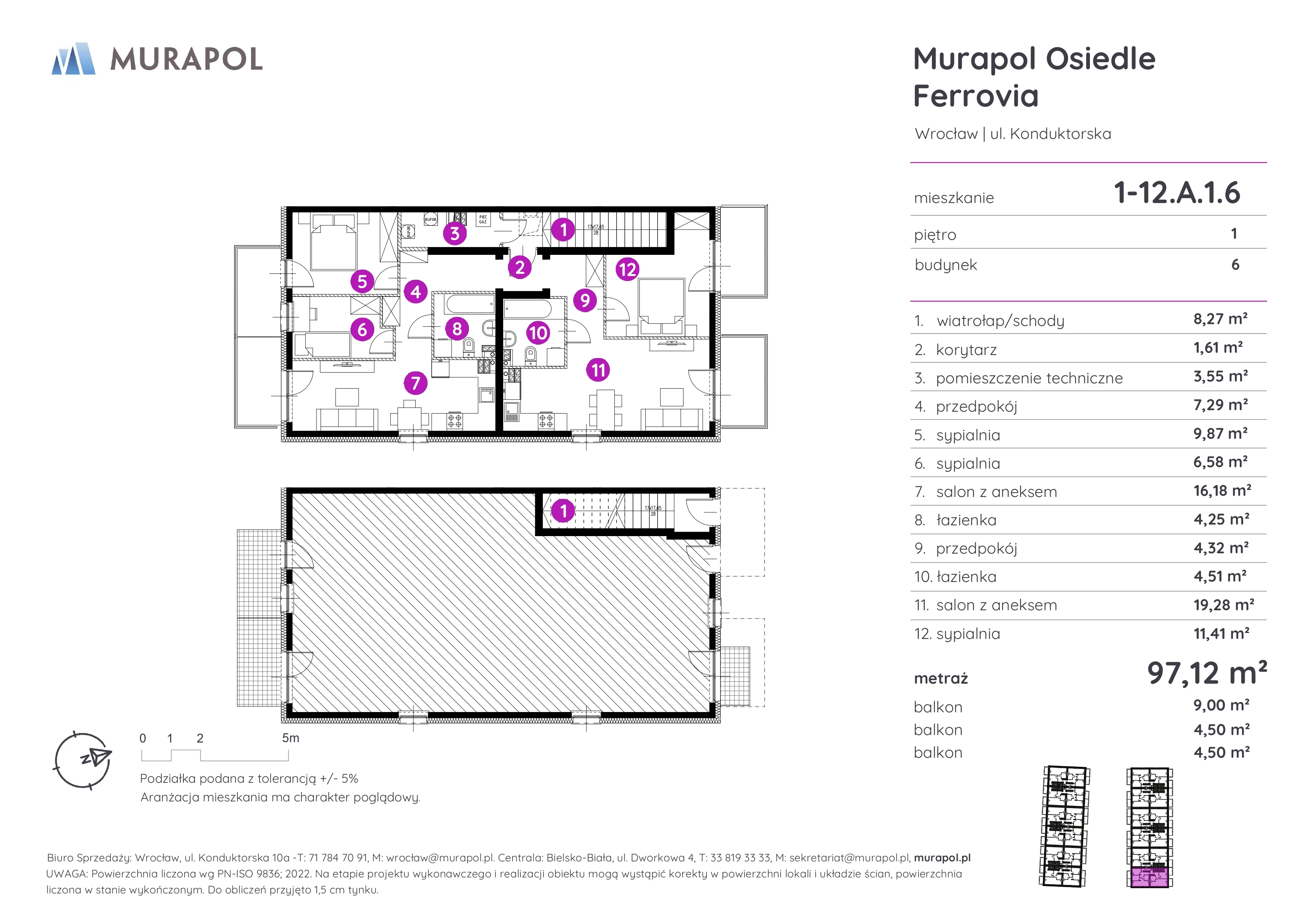 5 pokoi, mieszkanie 97,12 m², piętro 1, oferta nr 1-12.A.1.6, Murapol Osiedle Ferrovia, Wrocław, Brochów, Krzyki, ul. Konduktorska