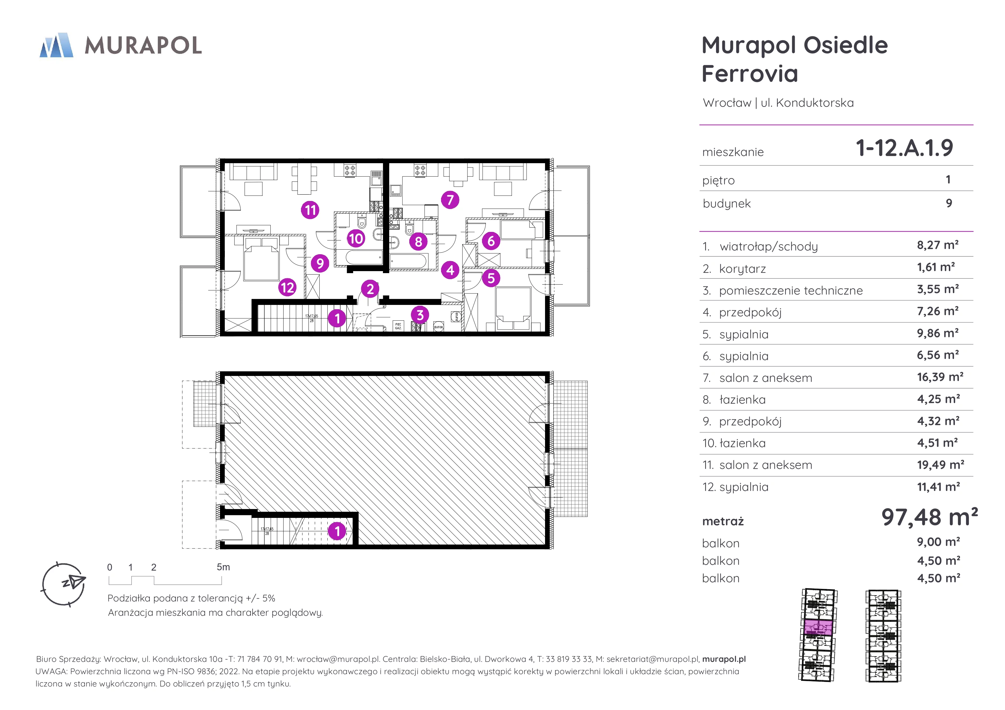 5 pokoi, mieszkanie 97,48 m², piętro 1, oferta nr 1-12.A.1.9, Murapol Osiedle Ferrovia, Wrocław, Brochów, Krzyki, ul. Konduktorska