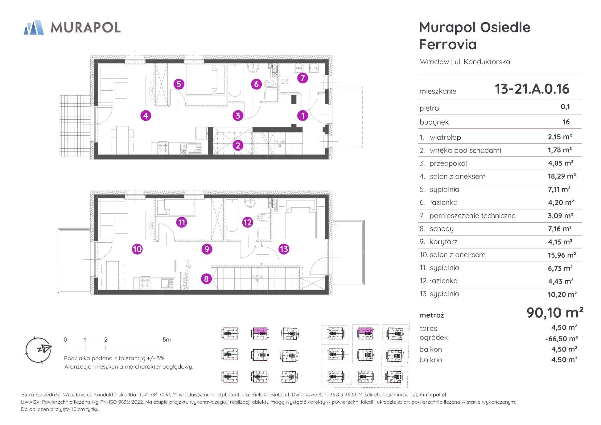 5 pokoi, mieszkanie 90,10 m², parter, oferta nr 13-21.A.0.16, Murapol Osiedle Ferrovia, Wrocław, Brochów, Krzyki, ul. Konduktorska