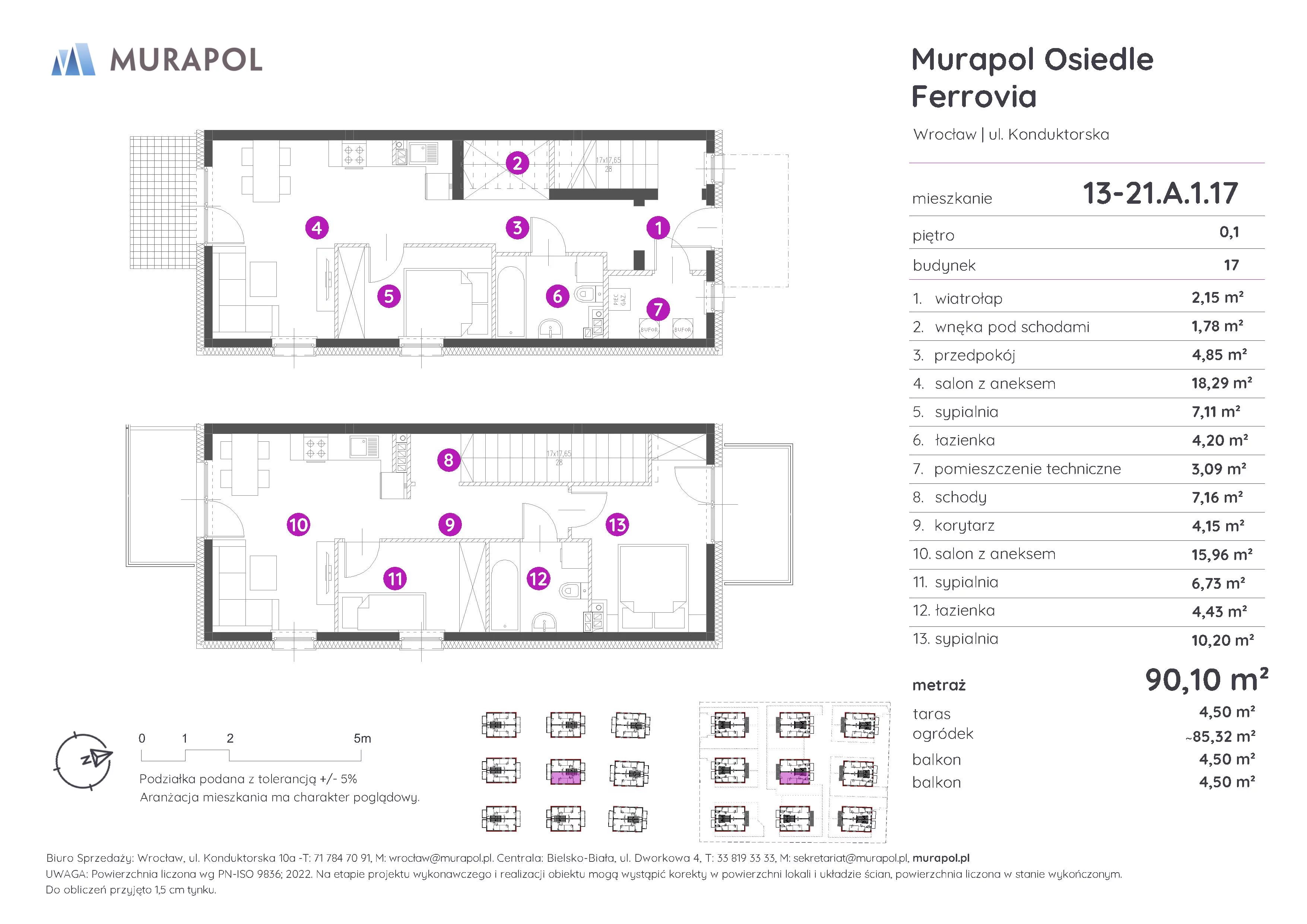 5 pokoi, mieszkanie 90,10 m², parter, oferta nr 13-21.A.1.17, Murapol Osiedle Ferrovia, Wrocław, Brochów, Krzyki, ul. Konduktorska