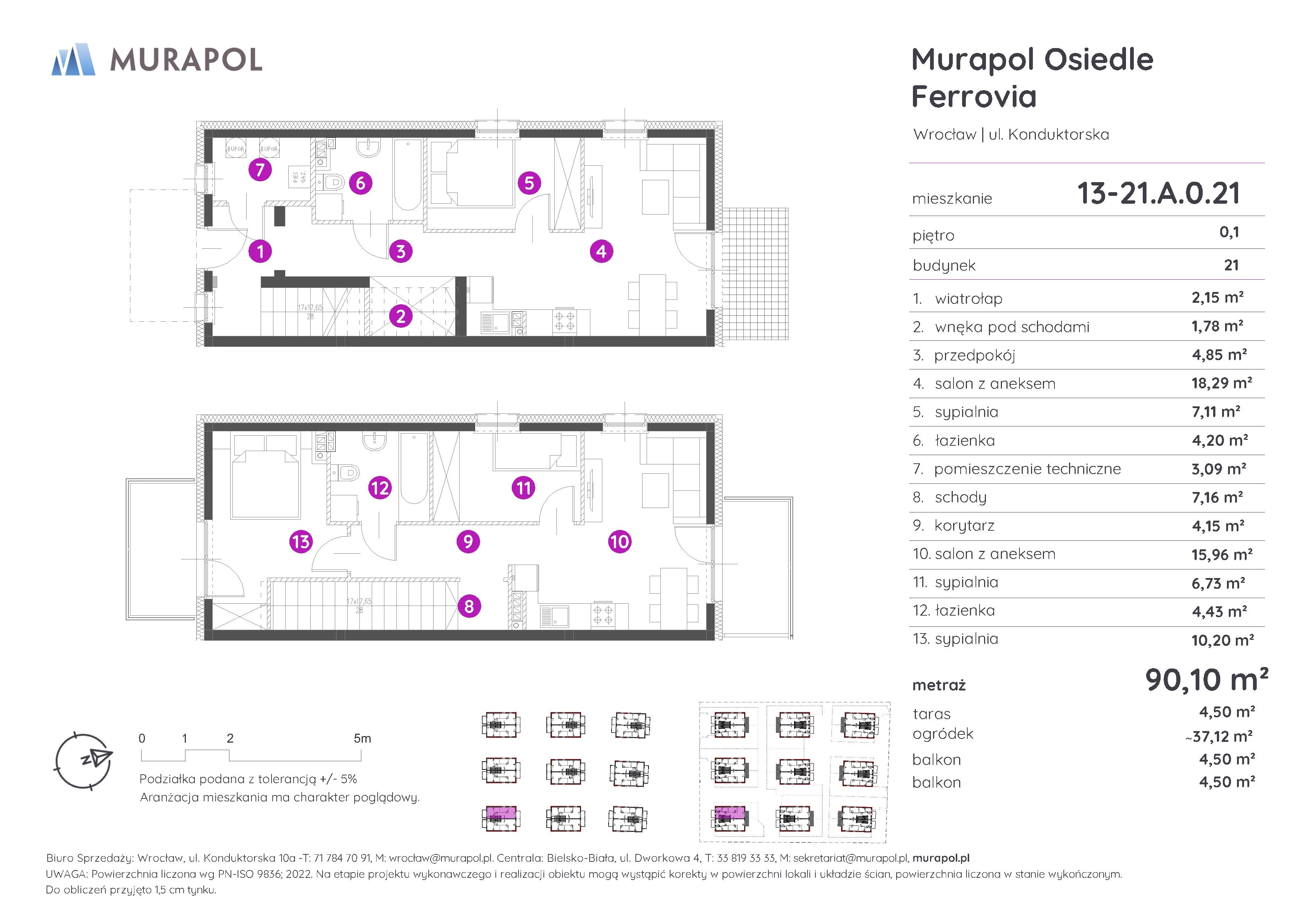 5 pokoi, mieszkanie 90,10 m², parter, oferta nr 13-21.A.0.21, Murapol Osiedle Ferrovia, Wrocław, Brochów, Krzyki, ul. Konduktorska