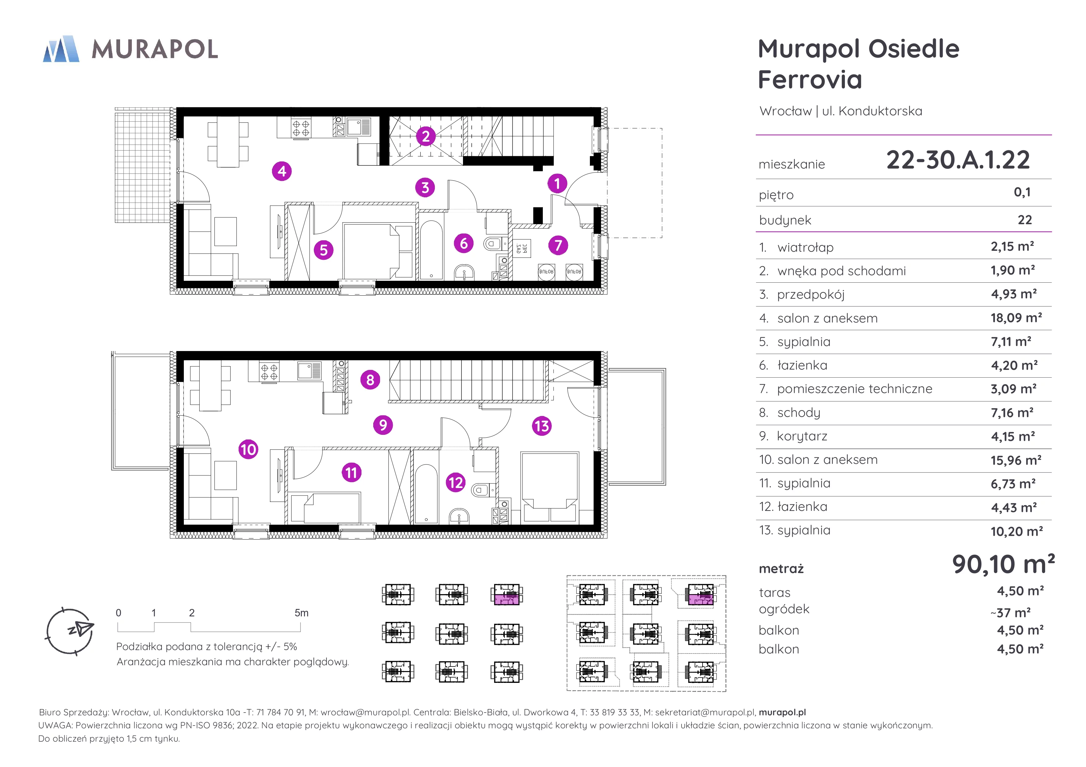 5 pokoi, mieszkanie 90,10 m², parter, oferta nr 22-30.A.1.22, Murapol Osiedle Ferrovia, Wrocław, Brochów, Krzyki, ul. Konduktorska