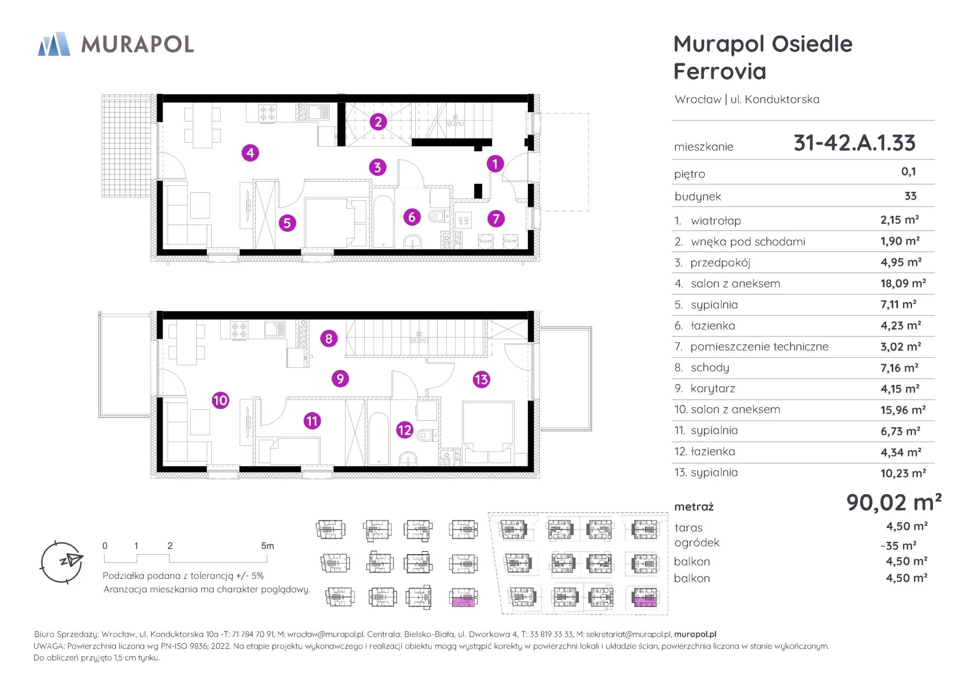 5 pokoi, mieszkanie 90,02 m², parter, oferta nr 31-42.A.1.33, Murapol Osiedle Ferrovia, Wrocław, Brochów, Krzyki, ul. Konduktorska