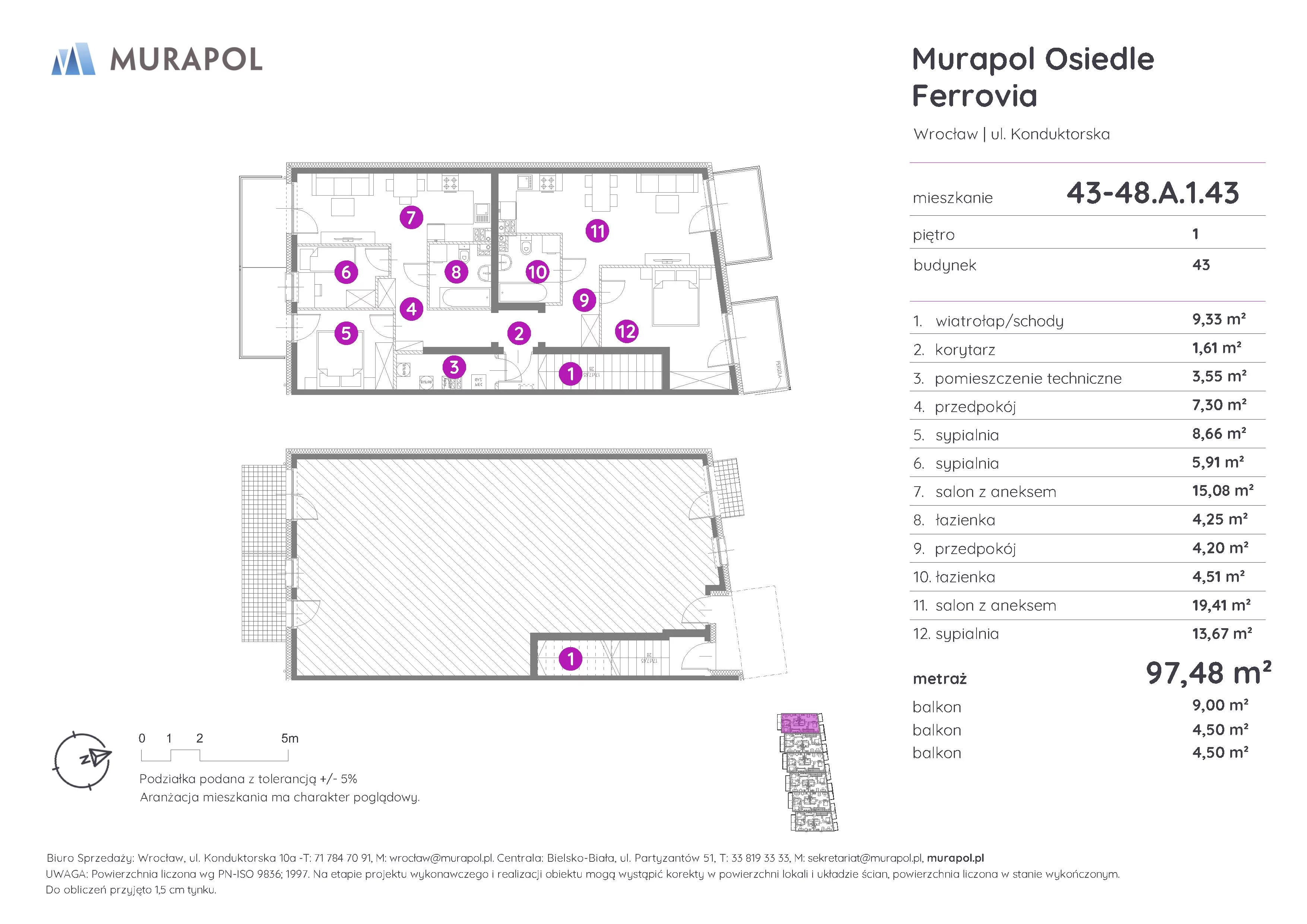 5 pokoi, mieszkanie 97,48 m², piętro 1, oferta nr 43-48.A.1.43, Murapol Osiedle Ferrovia, Wrocław, Brochów, Krzyki, ul. Konduktorska