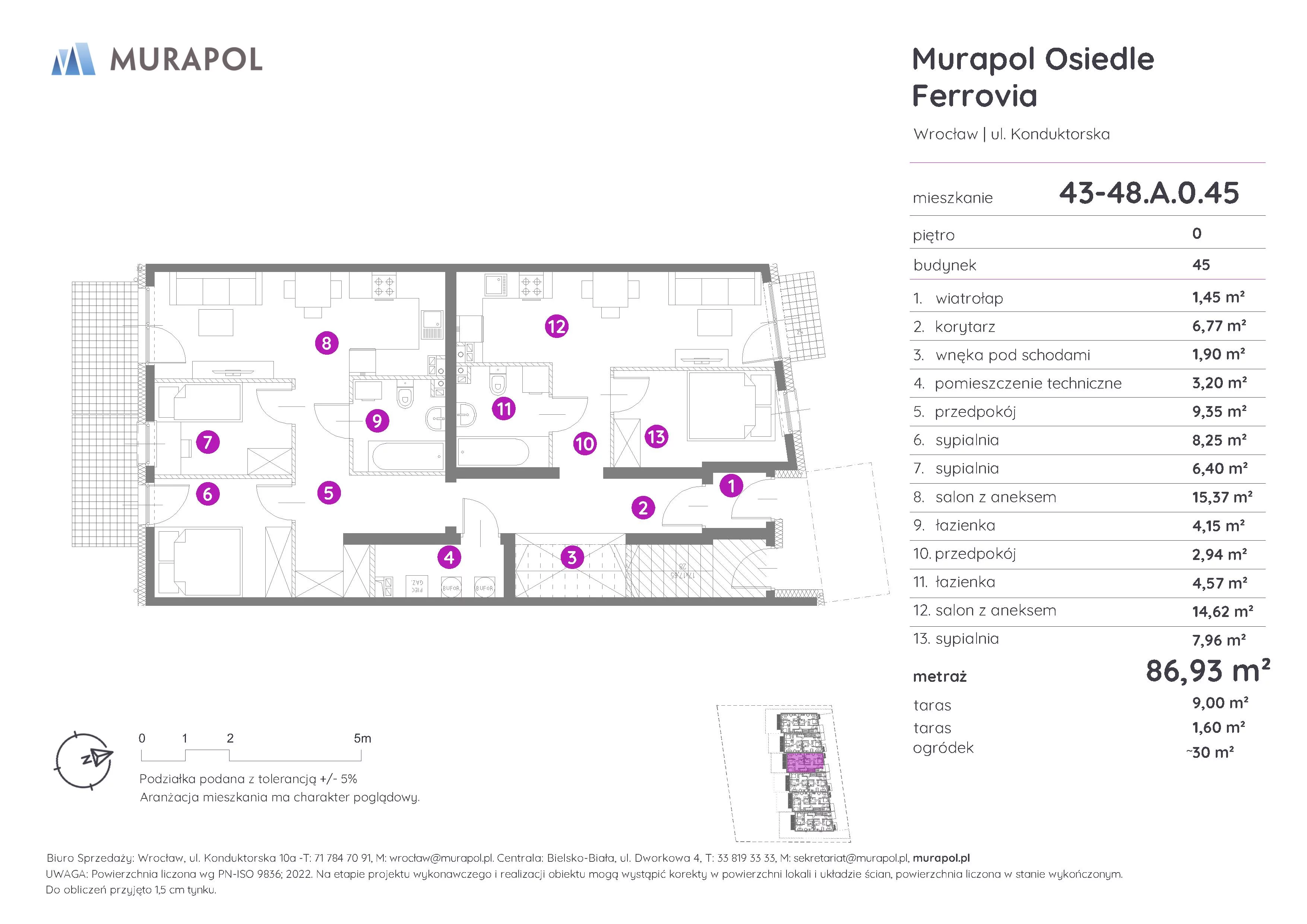 5 pokoi, mieszkanie 86,93 m², parter, oferta nr 43-48.A.0.45, Murapol Osiedle Ferrovia, Wrocław, Brochów, Krzyki, ul. Konduktorska