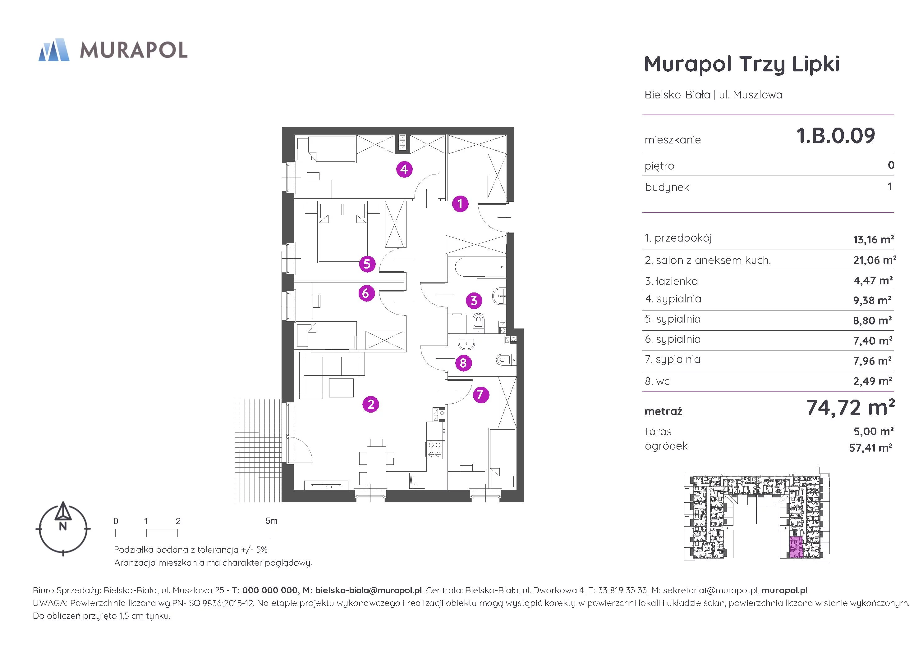 Mieszkanie 74,72 m², parter, oferta nr 1.B.0.09, Murapol Trzy Lipki, Bielsko-Biała, Stare Bielsko, ul. Muszlowa