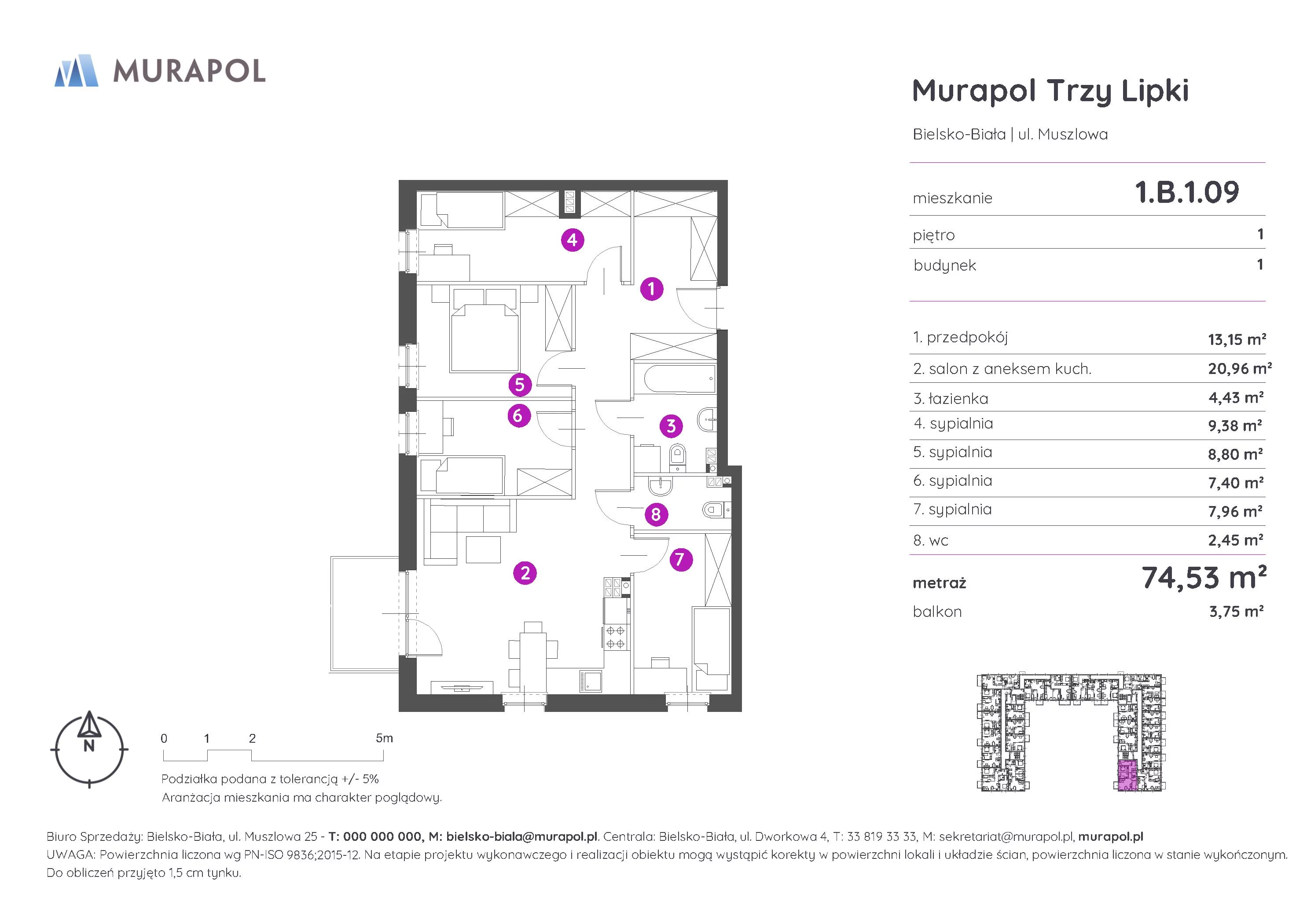 5 pokoi, mieszkanie 74,53 m², piętro 1, oferta nr 1.B.1.09, Murapol Trzy Lipki, Bielsko-Biała, Stare Bielsko, ul. Muszlowa