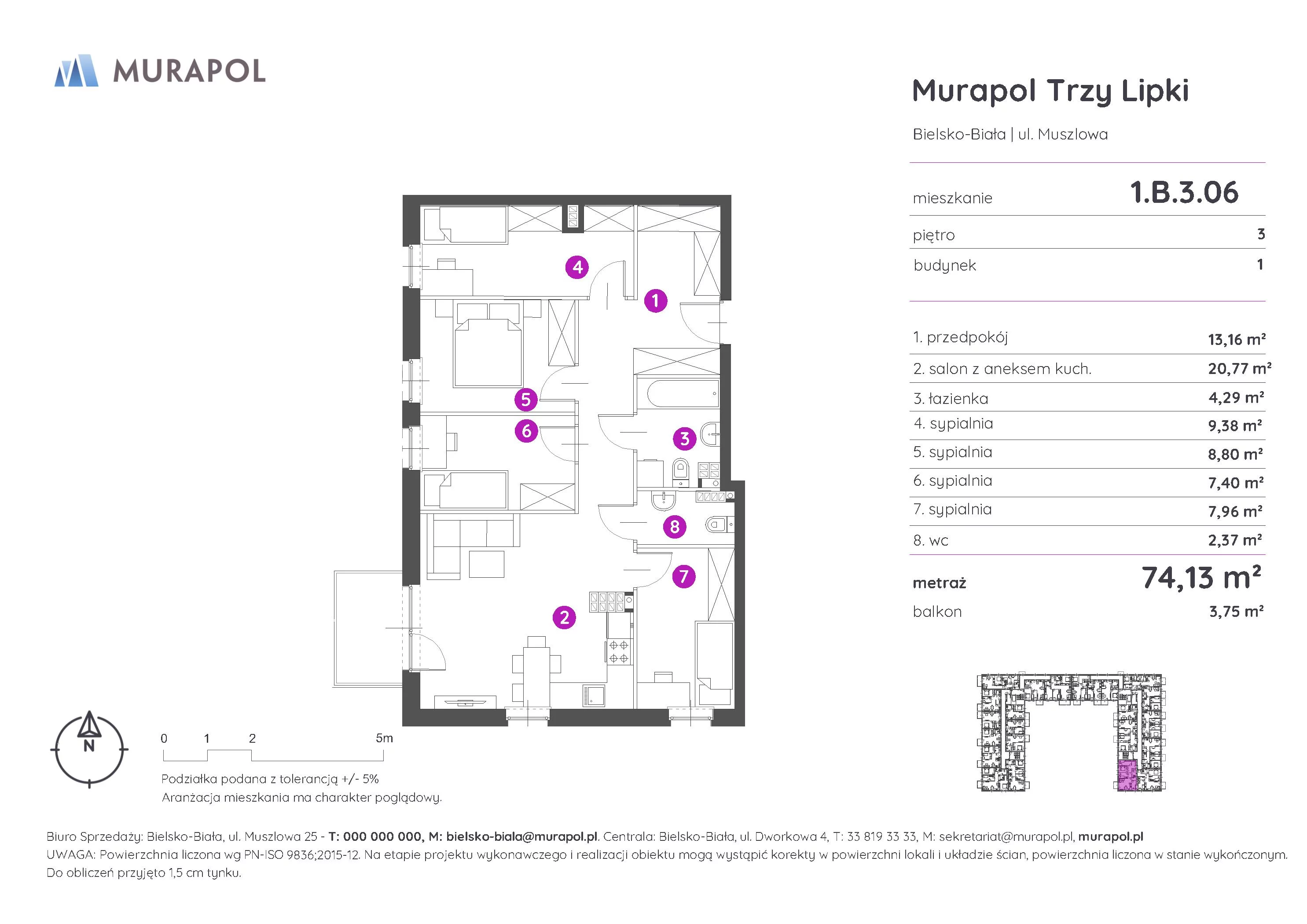 Mieszkanie 74,13 m², piętro 3, oferta nr 1.B.3.06, Murapol Trzy Lipki, Bielsko-Biała, Stare Bielsko, ul. Muszlowa-idx