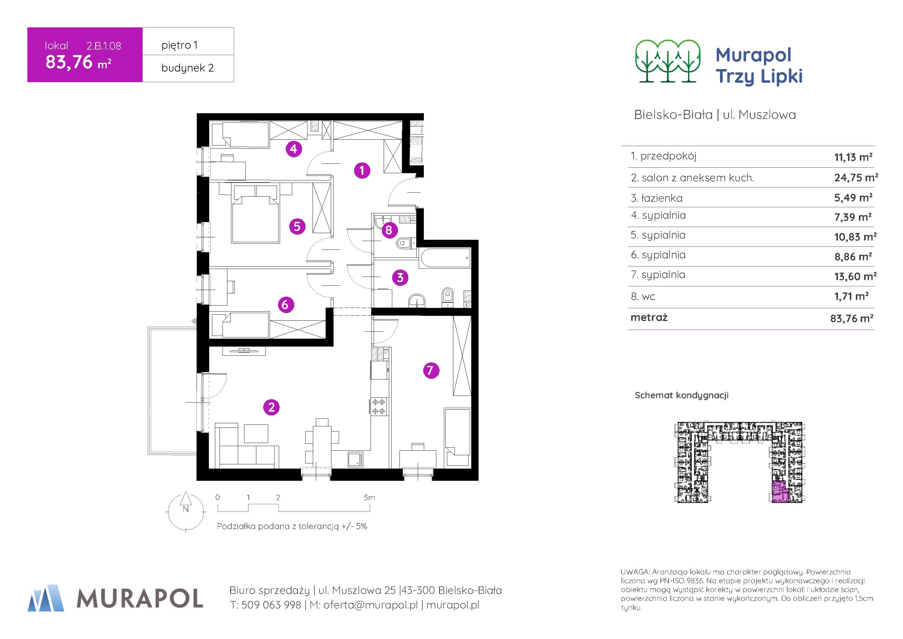 Mieszkanie 83,76 m², piętro 1, oferta nr 2.B.1.08, Murapol Trzy Lipki, Bielsko-Biała, Stare Bielsko, ul. Muszlowa