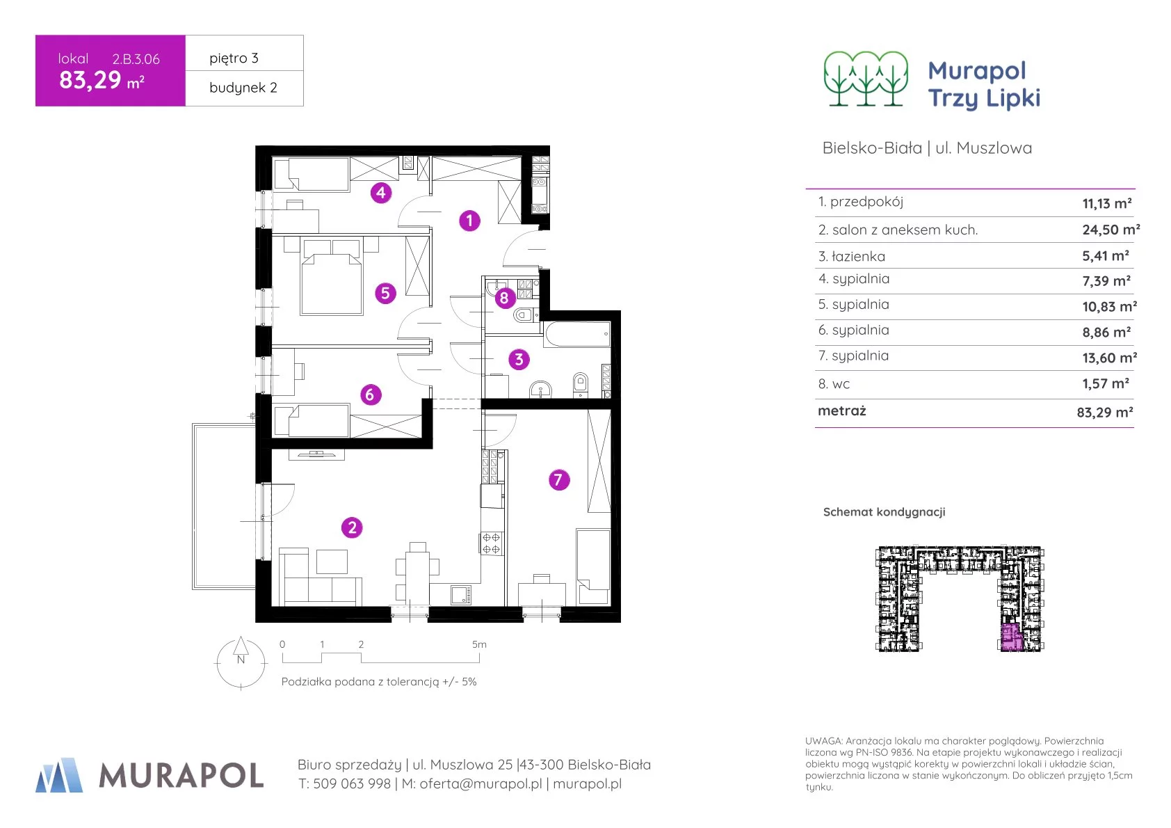 5 pokoi, mieszkanie 83,29 m², piętro 3, oferta nr 2.B.3.06, Murapol Trzy Lipki, Bielsko-Biała, Stare Bielsko, ul. Muszlowa