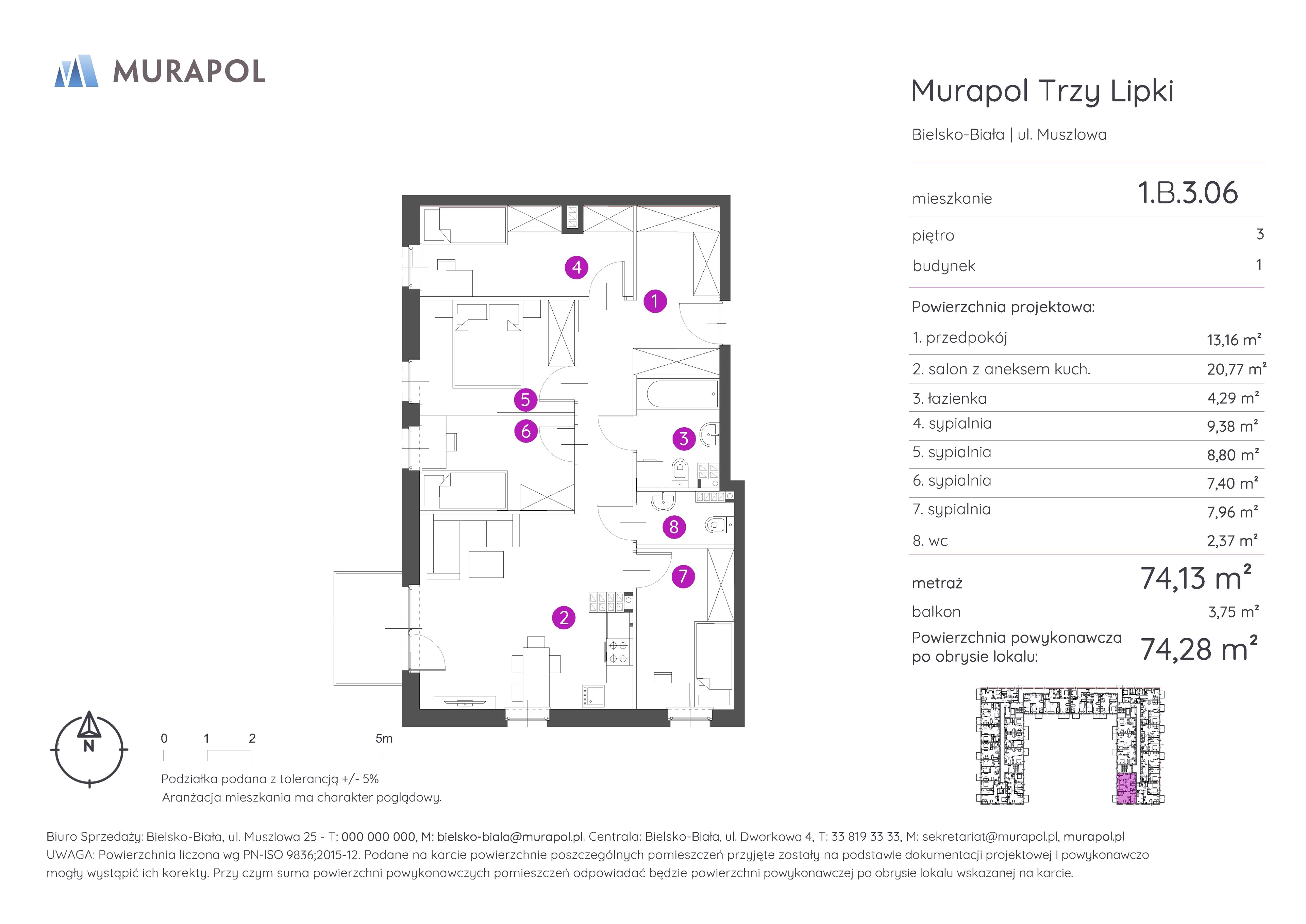 5 pokoi, mieszkanie 74,28 m², piętro 3, oferta nr 1.B.3.06, Murapol Trzy Lipki, Bielsko-Biała, Stare Bielsko, ul. Muszlowa