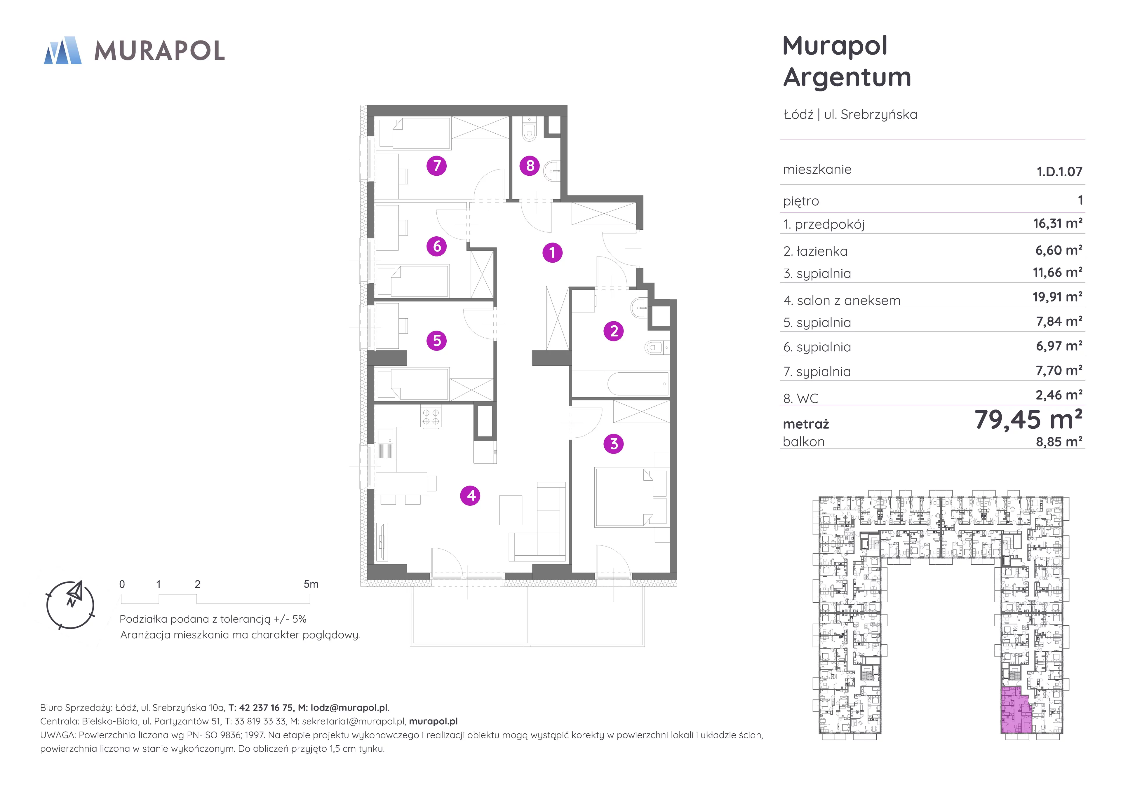 Mieszkanie 79,45 m², piętro 1, oferta nr 1.D.1.07, Murapol Argentum, Łódź, Polesie, Stare Polesie, ul. Srebrzyńska