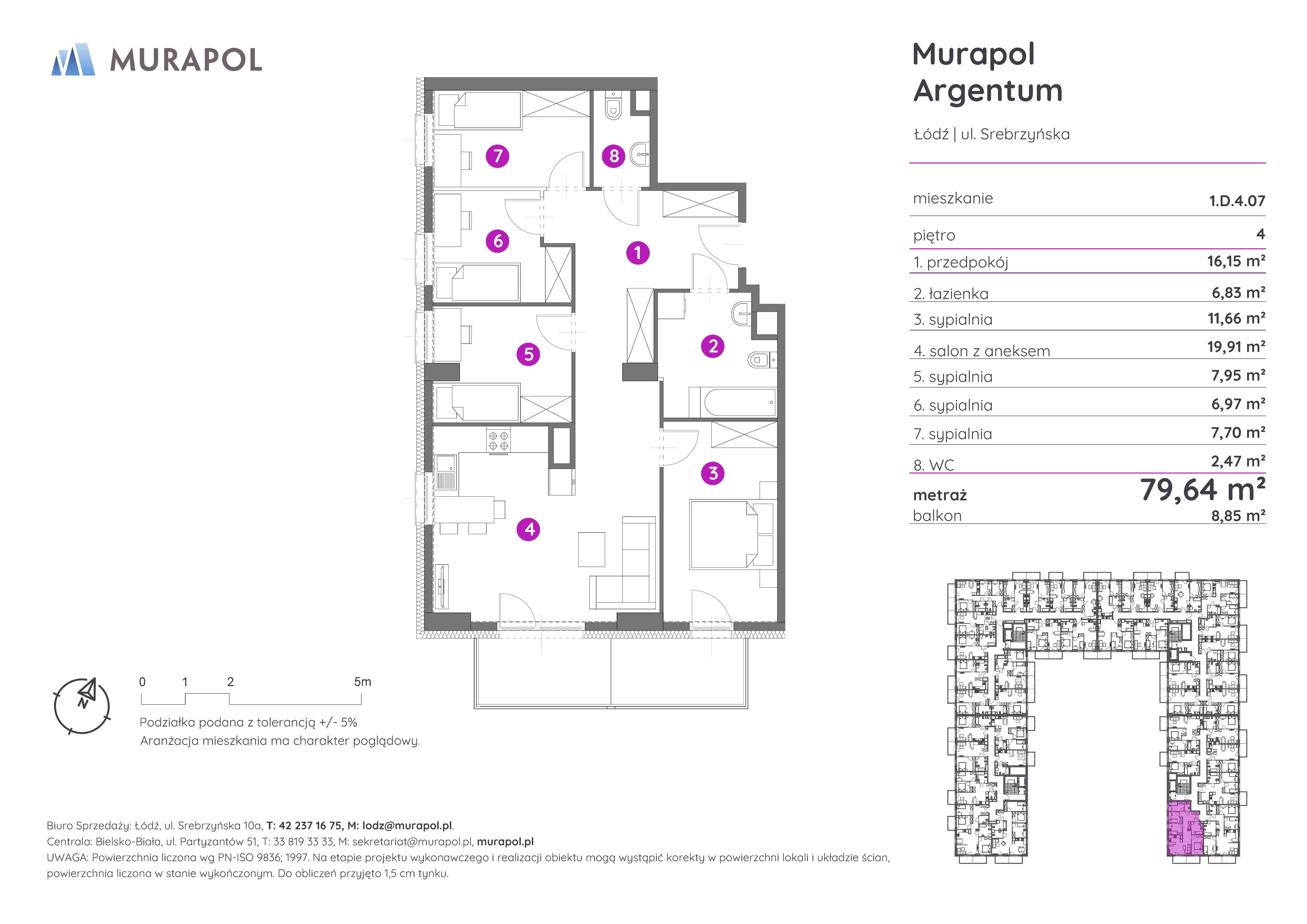 Mieszkanie 79,64 m², piętro 4, oferta nr 1.D.4.07, Murapol Argentum, Łódź, Polesie, Stare Polesie, ul. Srebrzyńska