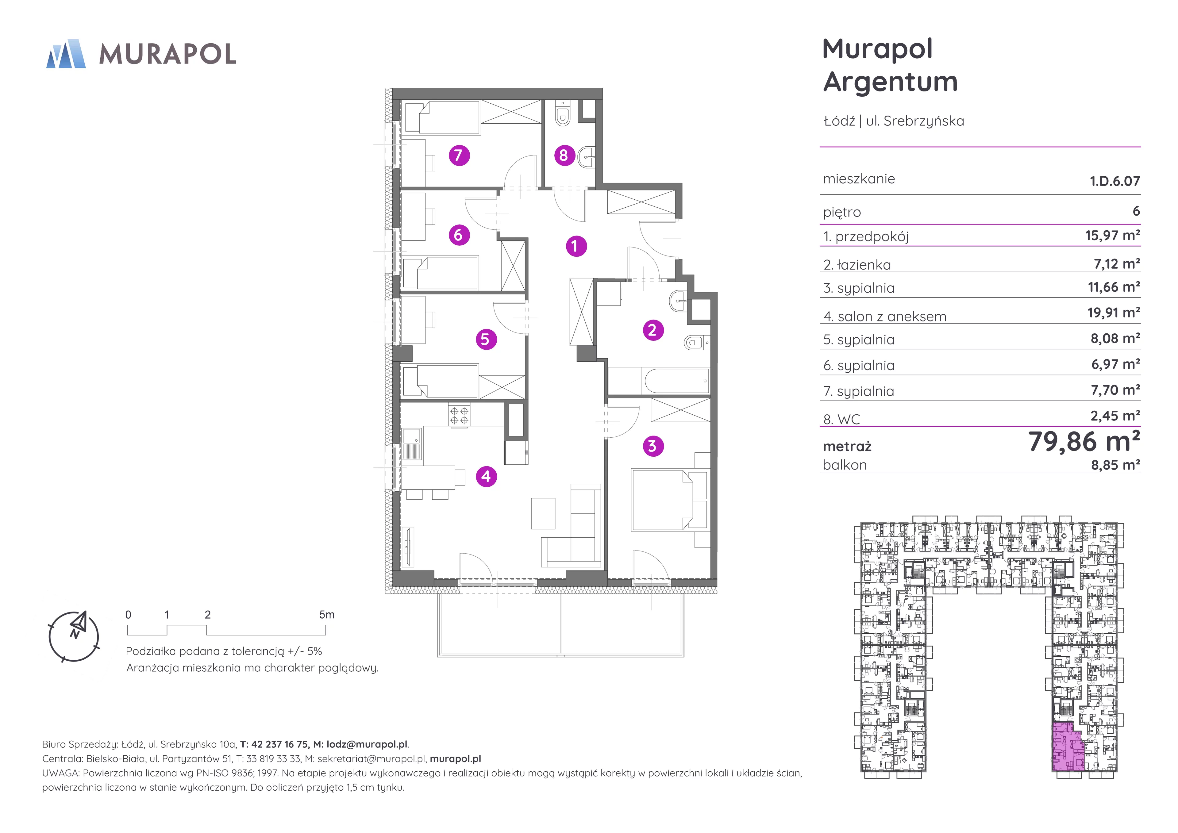 Mieszkanie 79,86 m², piętro 6, oferta nr 1.D.6.07, Murapol Argentum, Łódź, Polesie, Stare Polesie, ul. Srebrzyńska