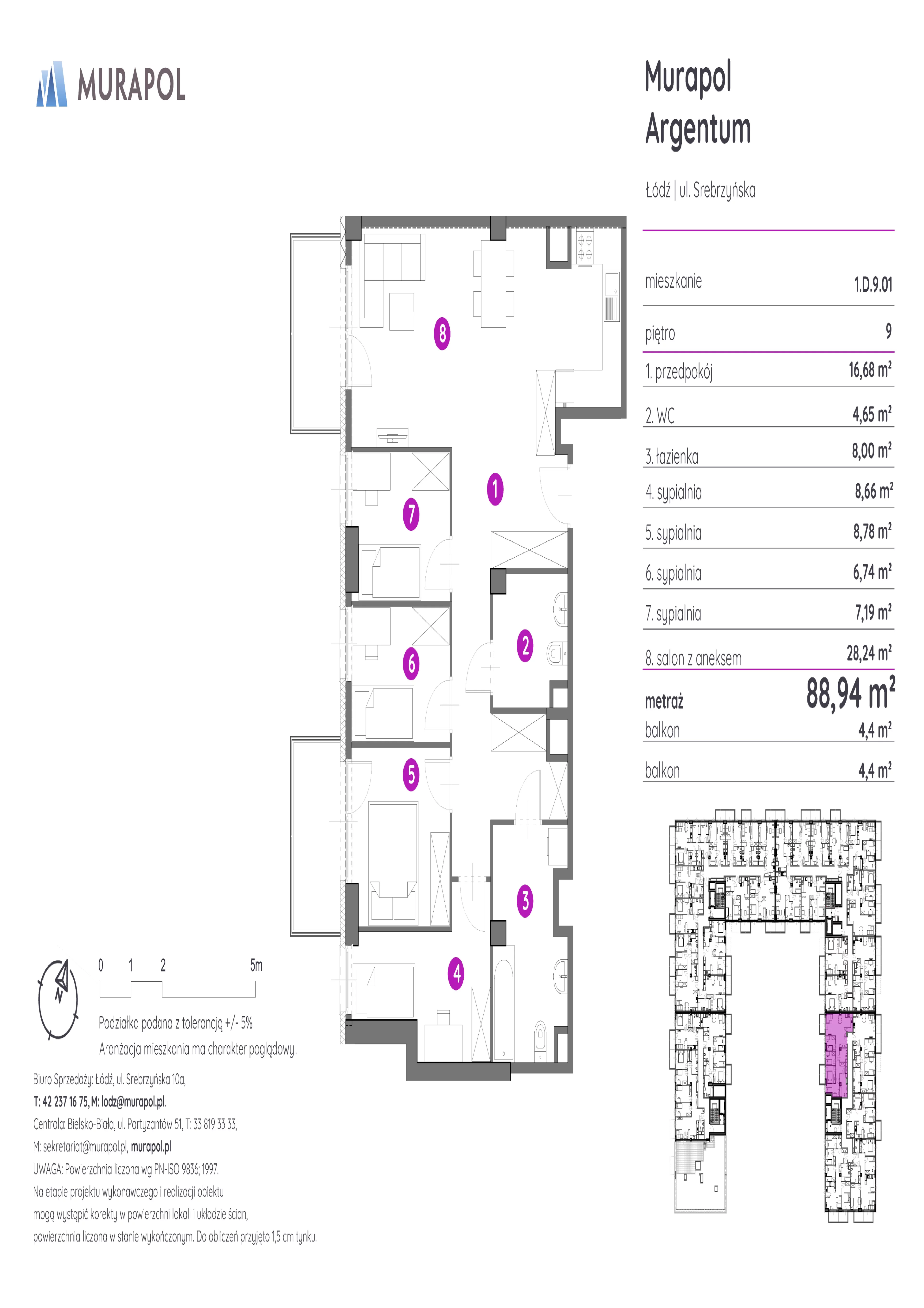 Mieszkanie 88,94 m², piętro 9, oferta nr 1.D.9.01, Murapol Argentum, Łódź, Polesie, Stare Polesie, ul. Srebrzyńska