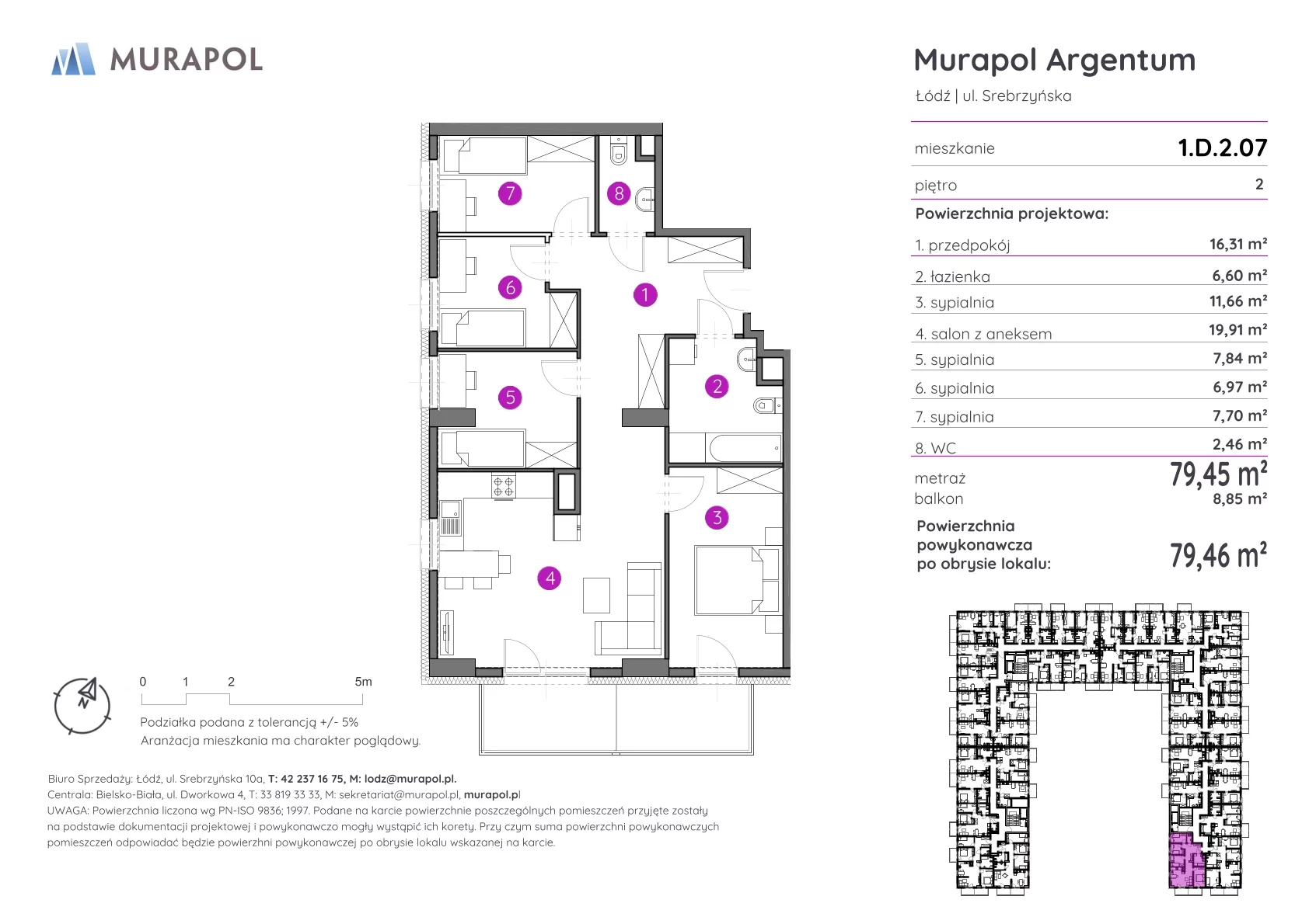 5 pokoi, mieszkanie 79,46 m², piętro 2, oferta nr 1.D.2.07, Murapol Argentum, Łódź, Polesie, Stare Polesie, ul. Srebrzyńska