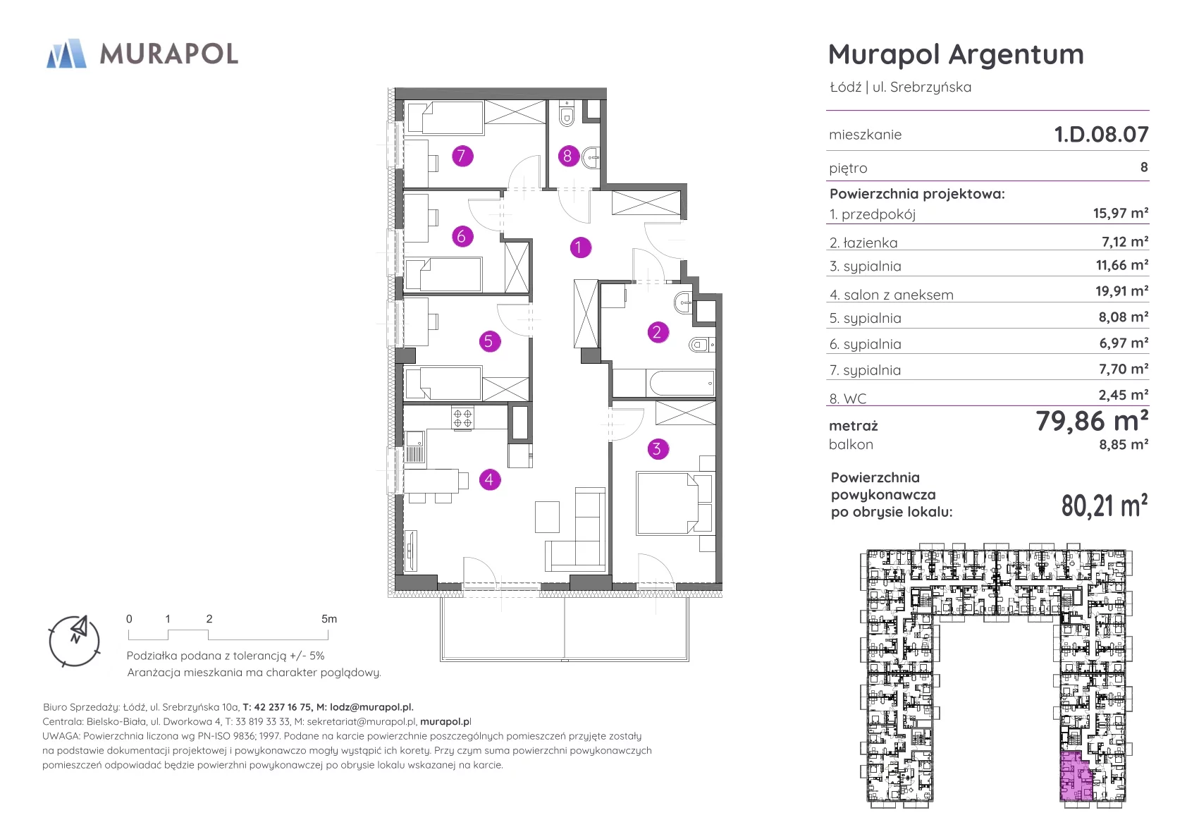 5 pokoi, mieszkanie 80,21 m², piętro 8, oferta nr 1.D.8.07, Murapol Argentum, Łódź, Polesie, Stare Polesie, ul. Srebrzyńska