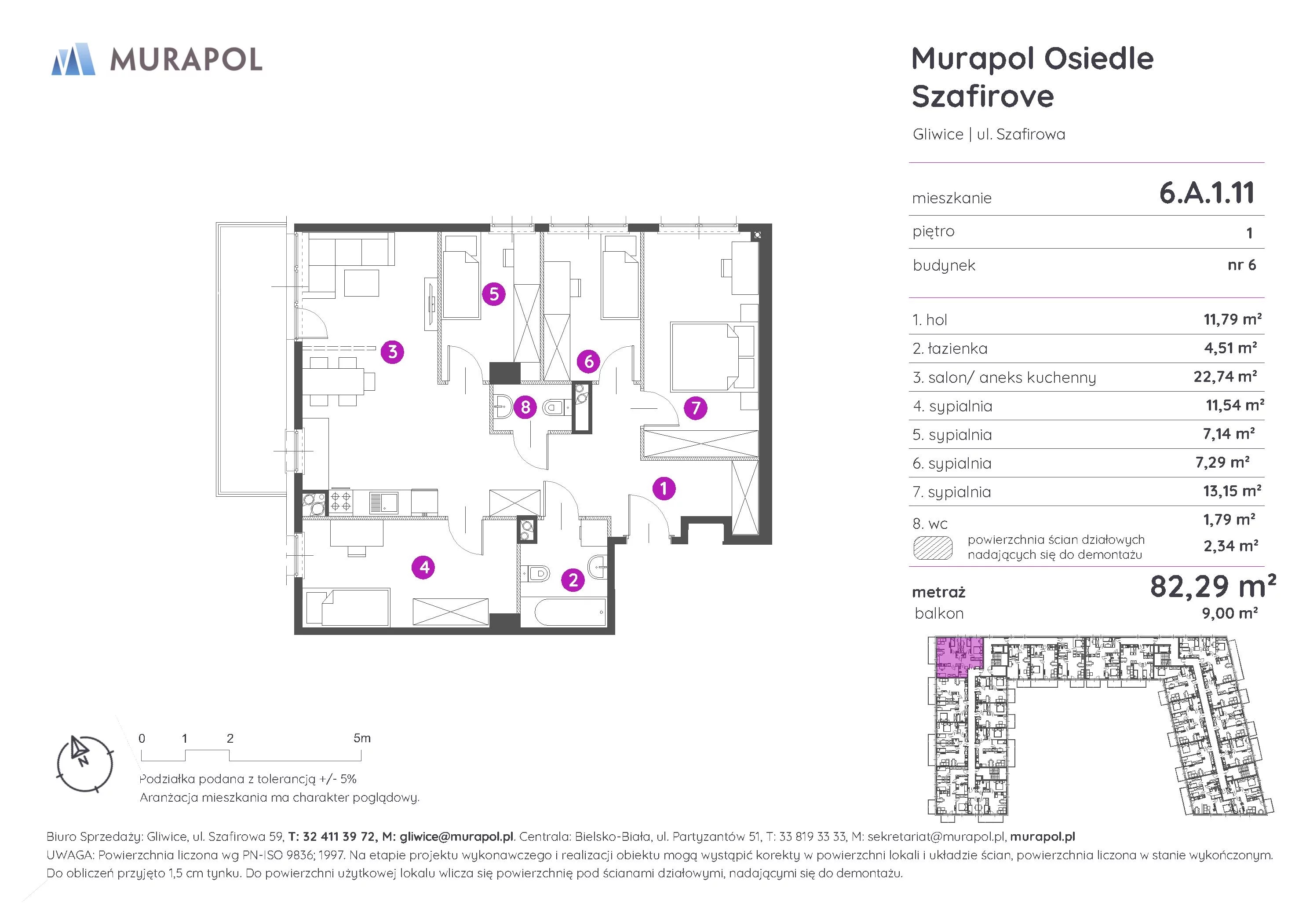 Mieszkanie 82,29 m², piętro 1, oferta nr 6.A.1.11, Murapol Osiedle Szafirove, Gliwice, Stare Gliwice, ul. Szafirowa-idx