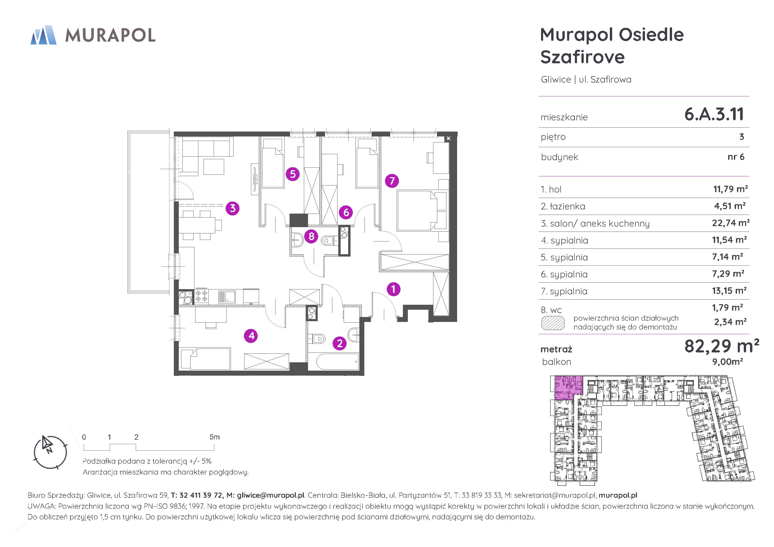 Mieszkanie 82,29 m², piętro 3, oferta nr 6.A.3.11, Murapol Osiedle Szafirove, Gliwice, Stare Gliwice, ul. Szafirowa