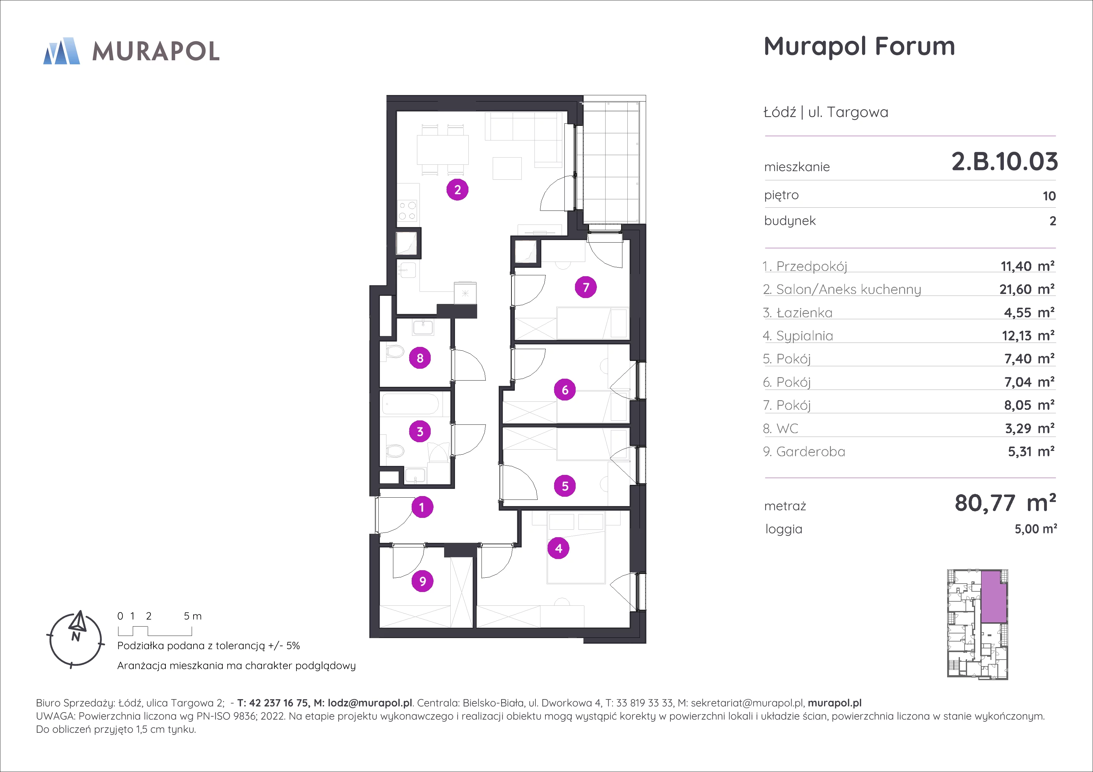 Mieszkanie 80,77 m², piętro 10, oferta nr 2.B.10.03, Murapol Forum, Łódź, Śródmieście, ul. Targowa-idx