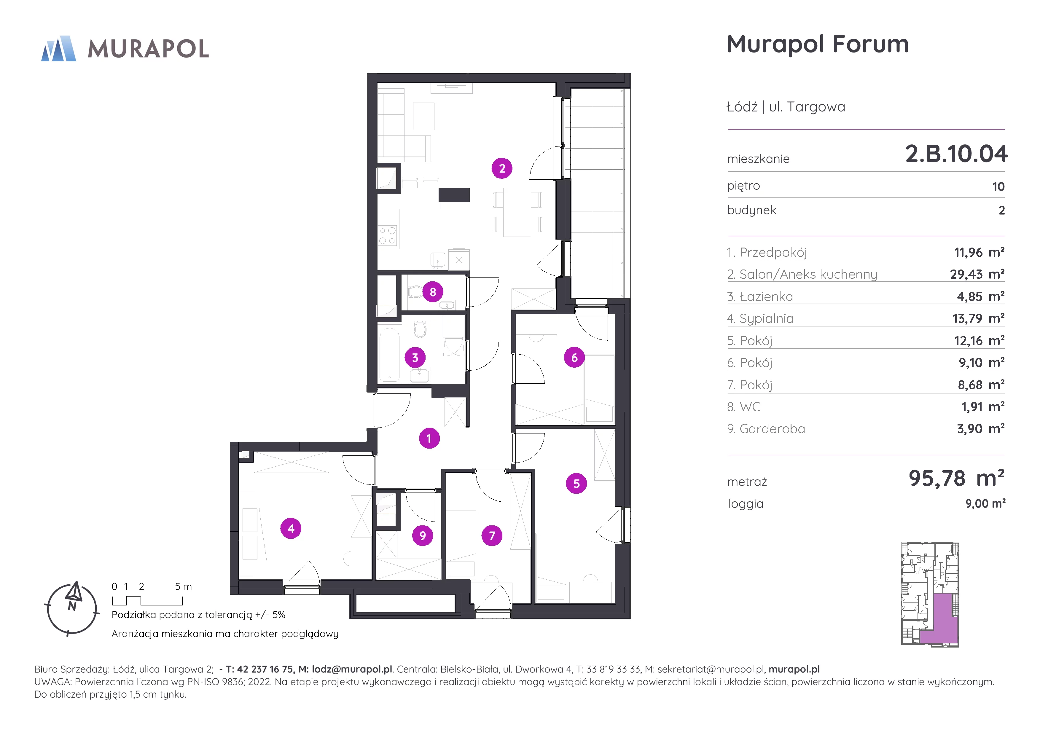 Mieszkanie 95,78 m², piętro 10, oferta nr 2.B.10.04, Murapol Forum, Łódź, Śródmieście, ul. Targowa