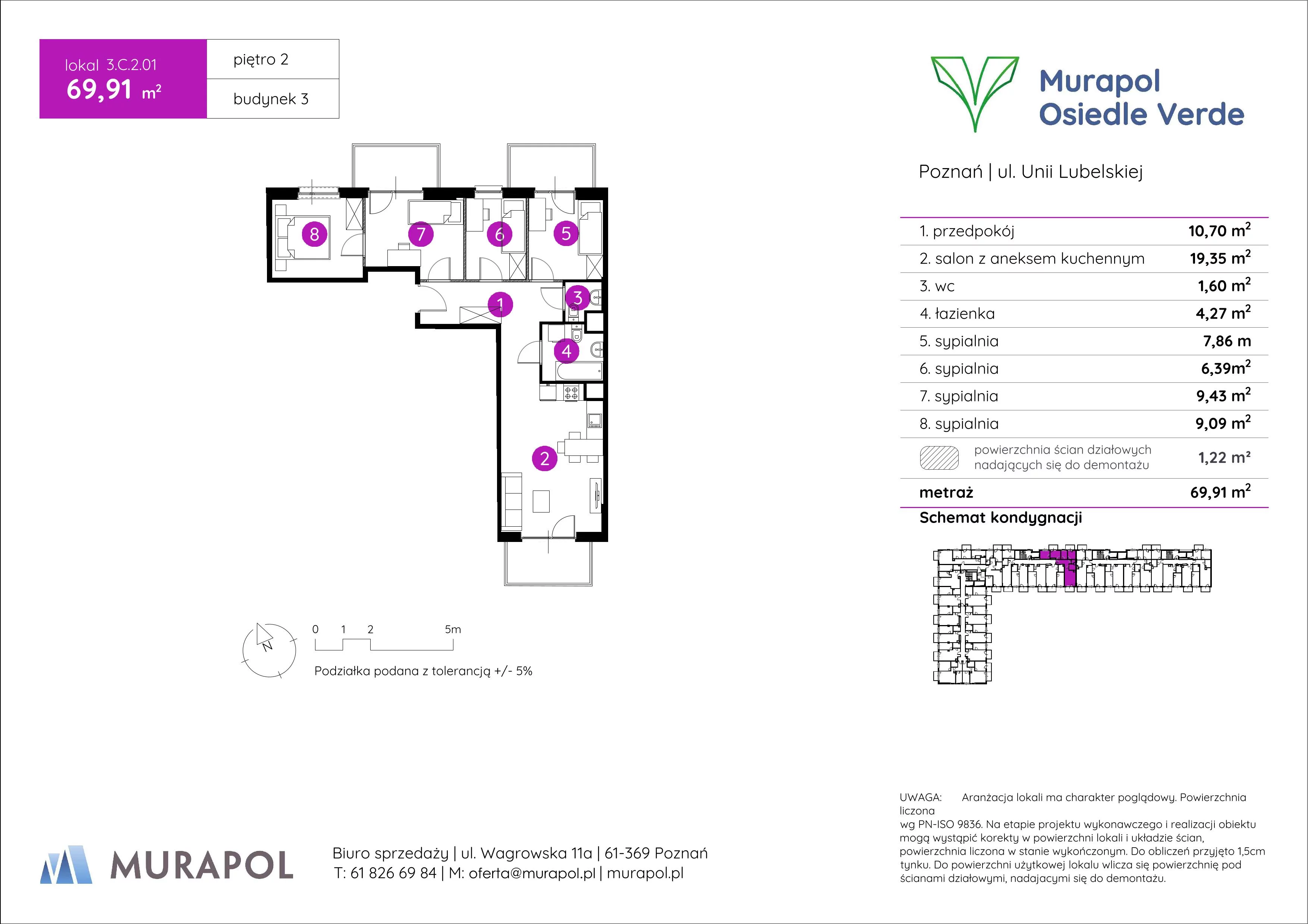5 pokoi, mieszkanie 69,91 m², piętro 2, oferta nr 3.C.2.01, Murapol Osiedle Verde, Poznań, Żegrze, Starołęka, ul. Wagrowska