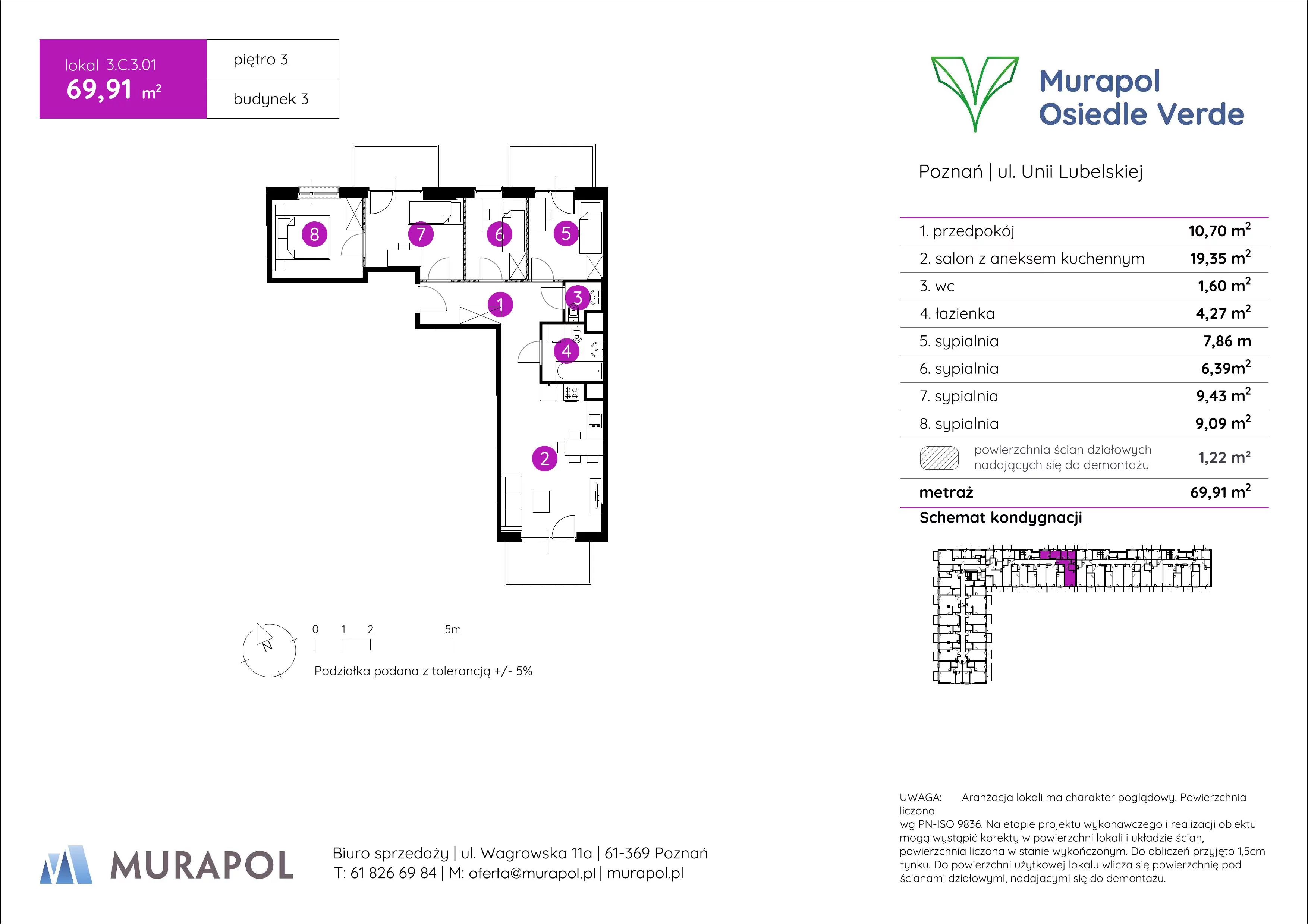 5 pokoi, mieszkanie 69,91 m², piętro 3, oferta nr 3.C.3.01, Murapol Osiedle Verde, Poznań, Żegrze, Starołęka, ul. Wagrowska