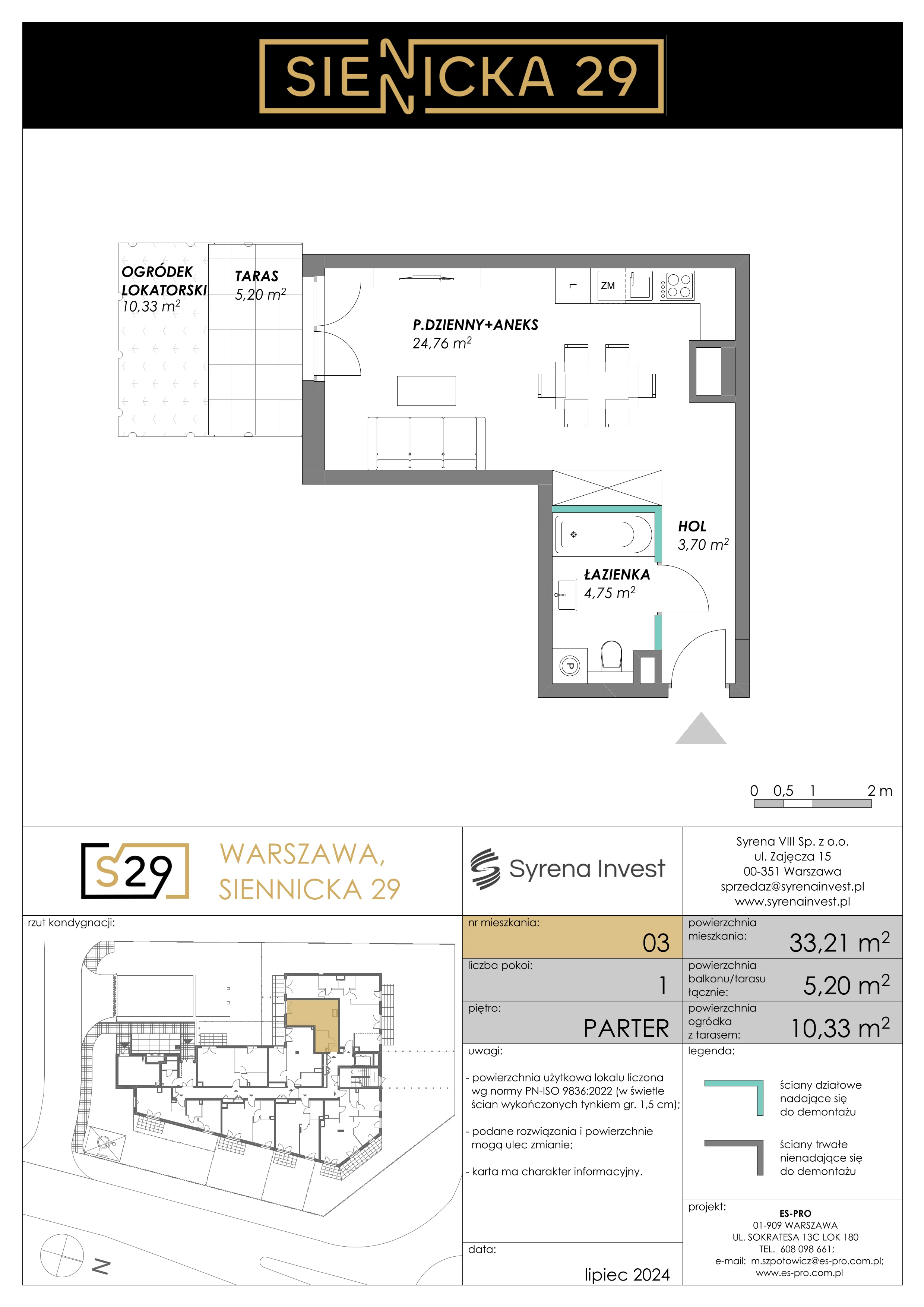 1 pokój, mieszkanie 33,21 m², parter, oferta nr 3, Siennicka 29, Warszawa, Praga Południe, Grochów, ul. Siennicka 29