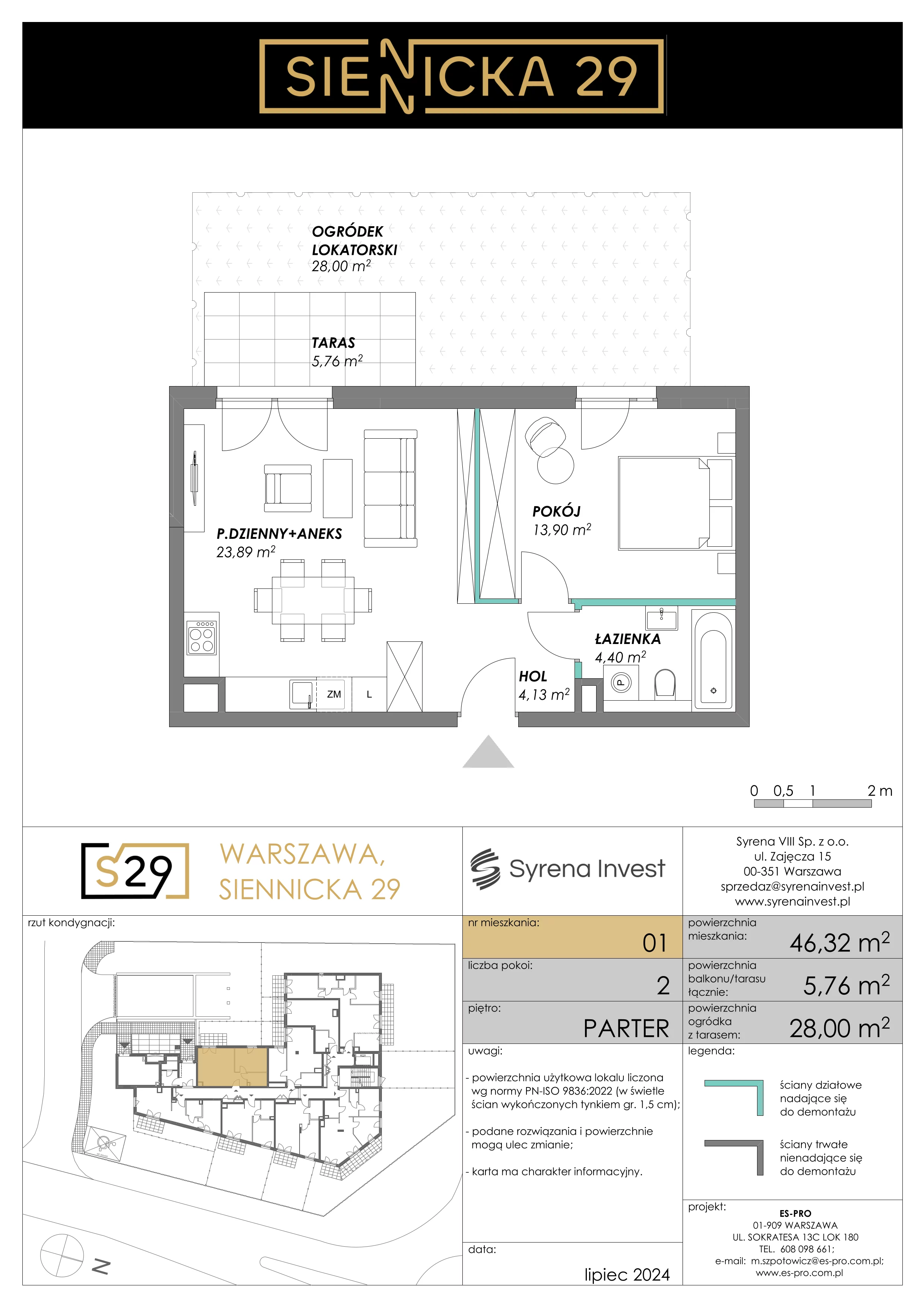 2 pokoje, mieszkanie 46,32 m², parter, oferta nr 1, Siennicka 29, Warszawa, Praga Południe, Grochów, ul. Siennicka 29