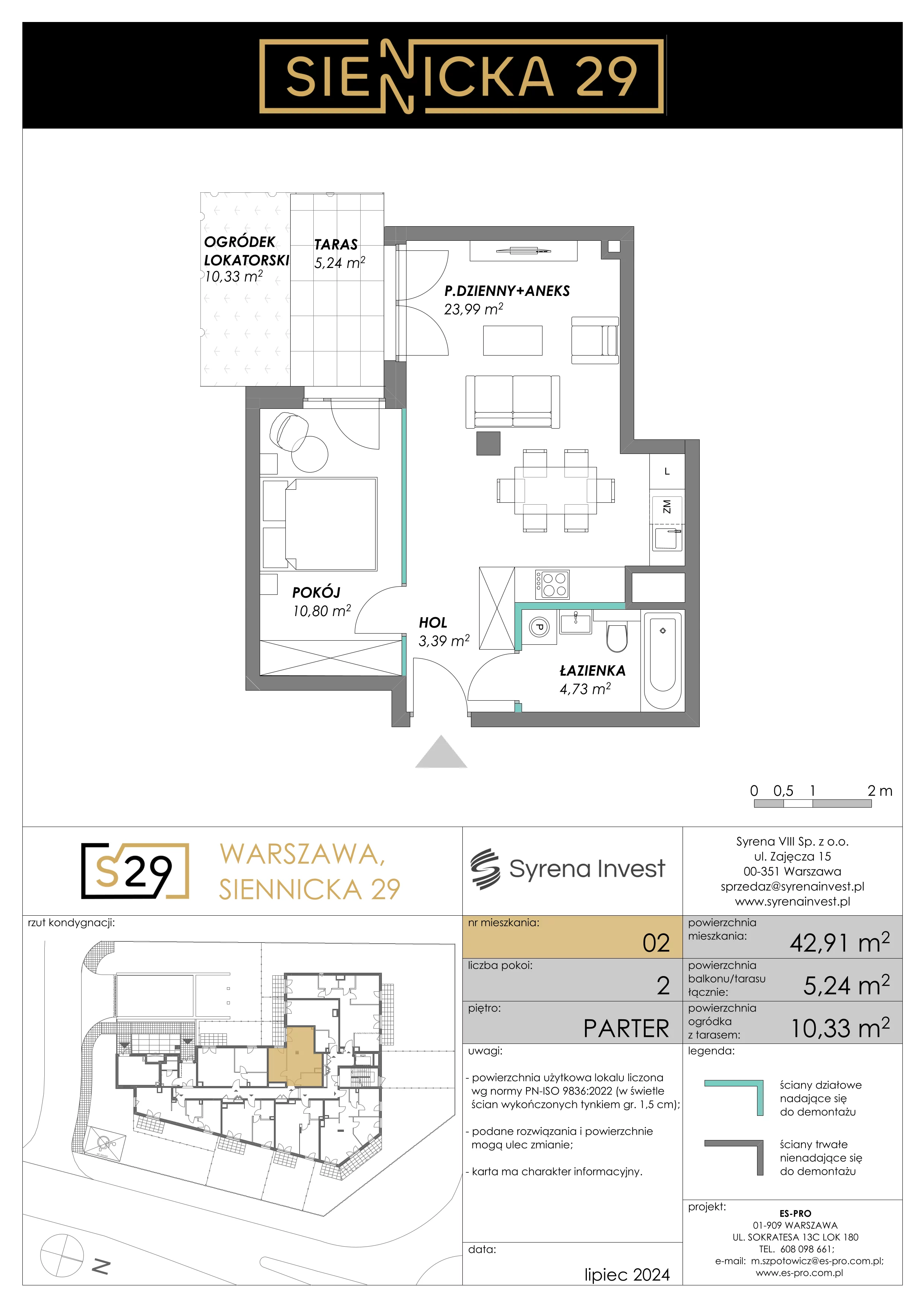 2 pokoje, mieszkanie 42,66 m², piętro 1, oferta nr 10, Siennicka 29, Warszawa, Praga Południe, Grochów, ul. Siennicka 29
