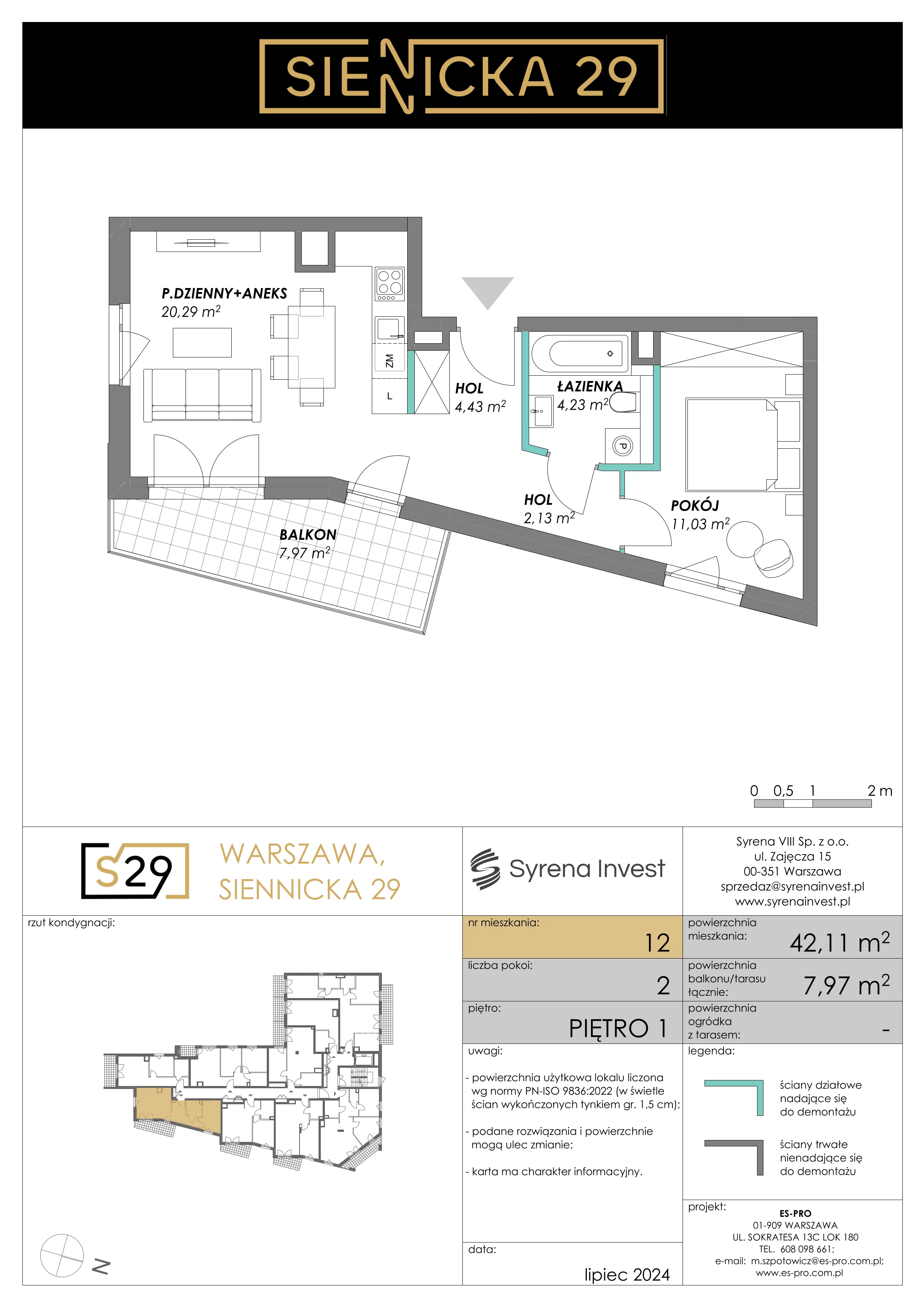 2 pokoje, mieszkanie 42,11 m², piętro 1, oferta nr 12, Siennicka 29, Warszawa, Praga Południe, Grochów, ul. Siennicka 29