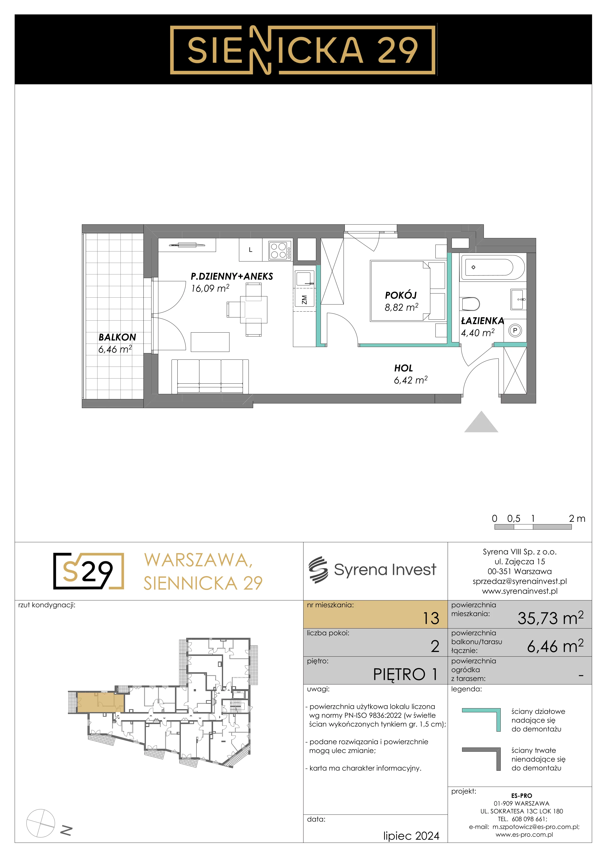 2 pokoje, mieszkanie 35,73 m², piętro 1, oferta nr 13, Siennicka 29, Warszawa, Praga Południe, Grochów, ul. Siennicka 29