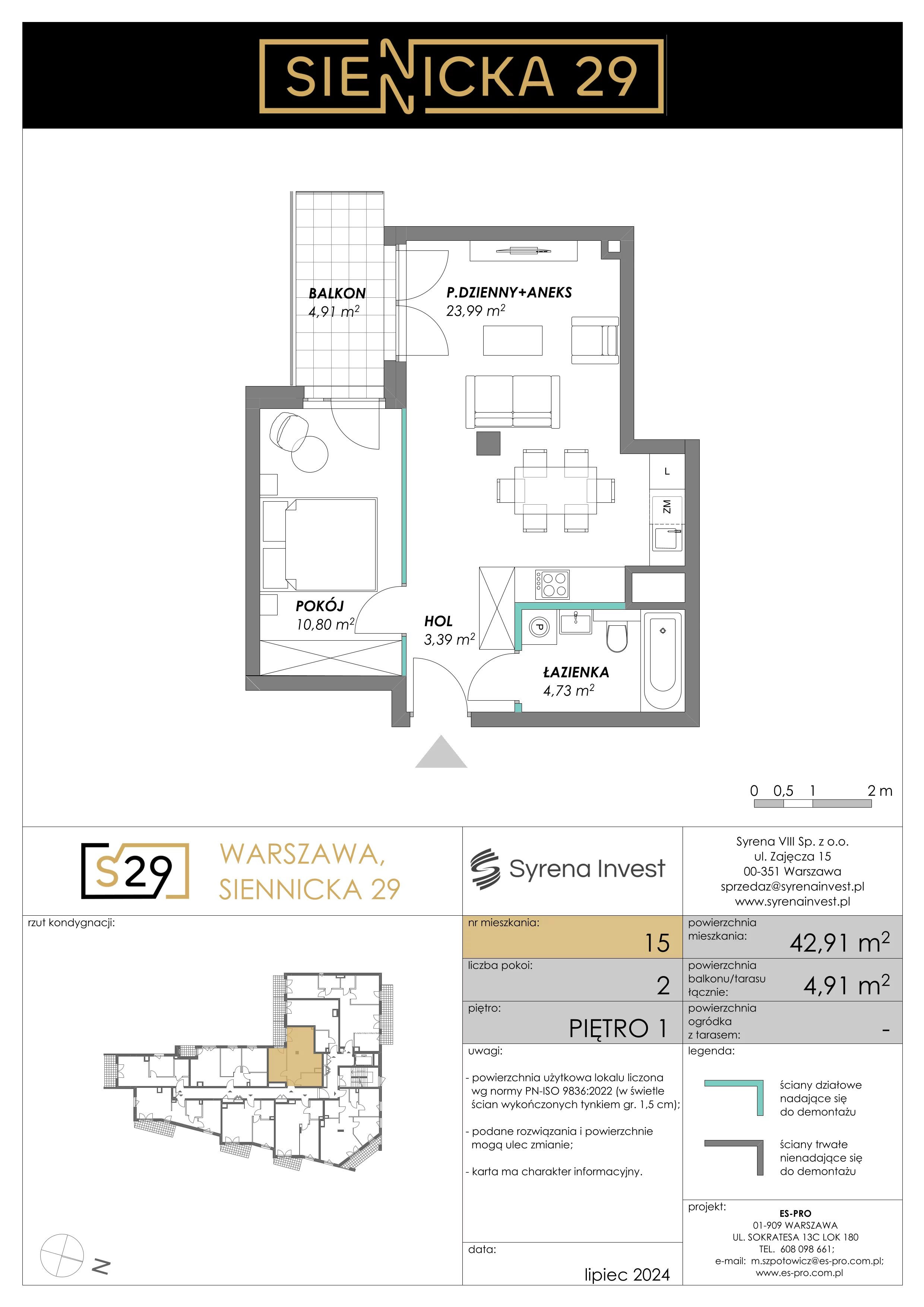 2 pokoje, mieszkanie 42,91 m², piętro 1, oferta nr 15, Siennicka 29, Warszawa, Praga Południe, Grochów, ul. Siennicka 29