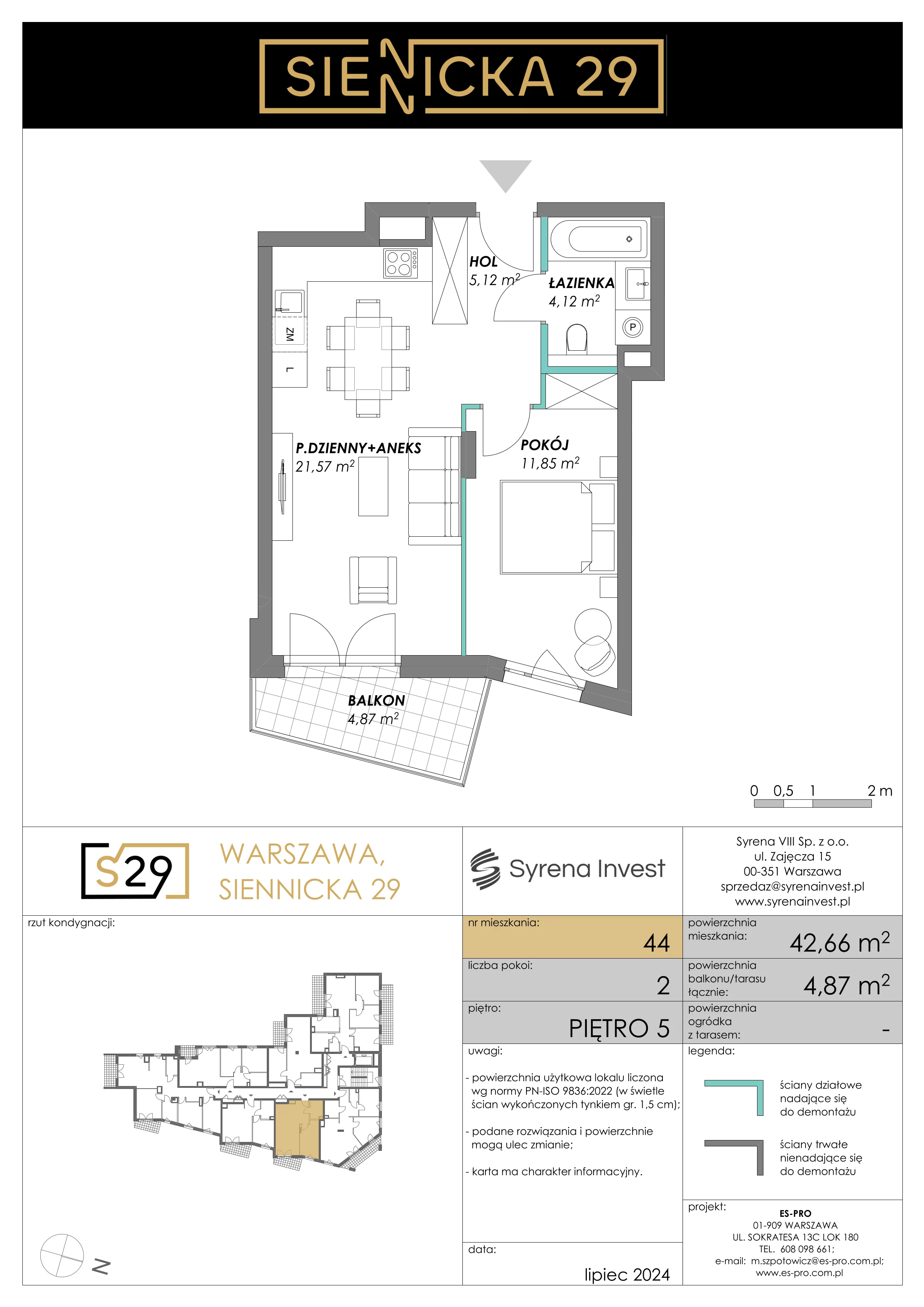 2 pokoje, mieszkanie 42,66 m², piętro 5, oferta nr 44, Siennicka 29, Warszawa, Praga Południe, Grochów, ul. Siennicka 29