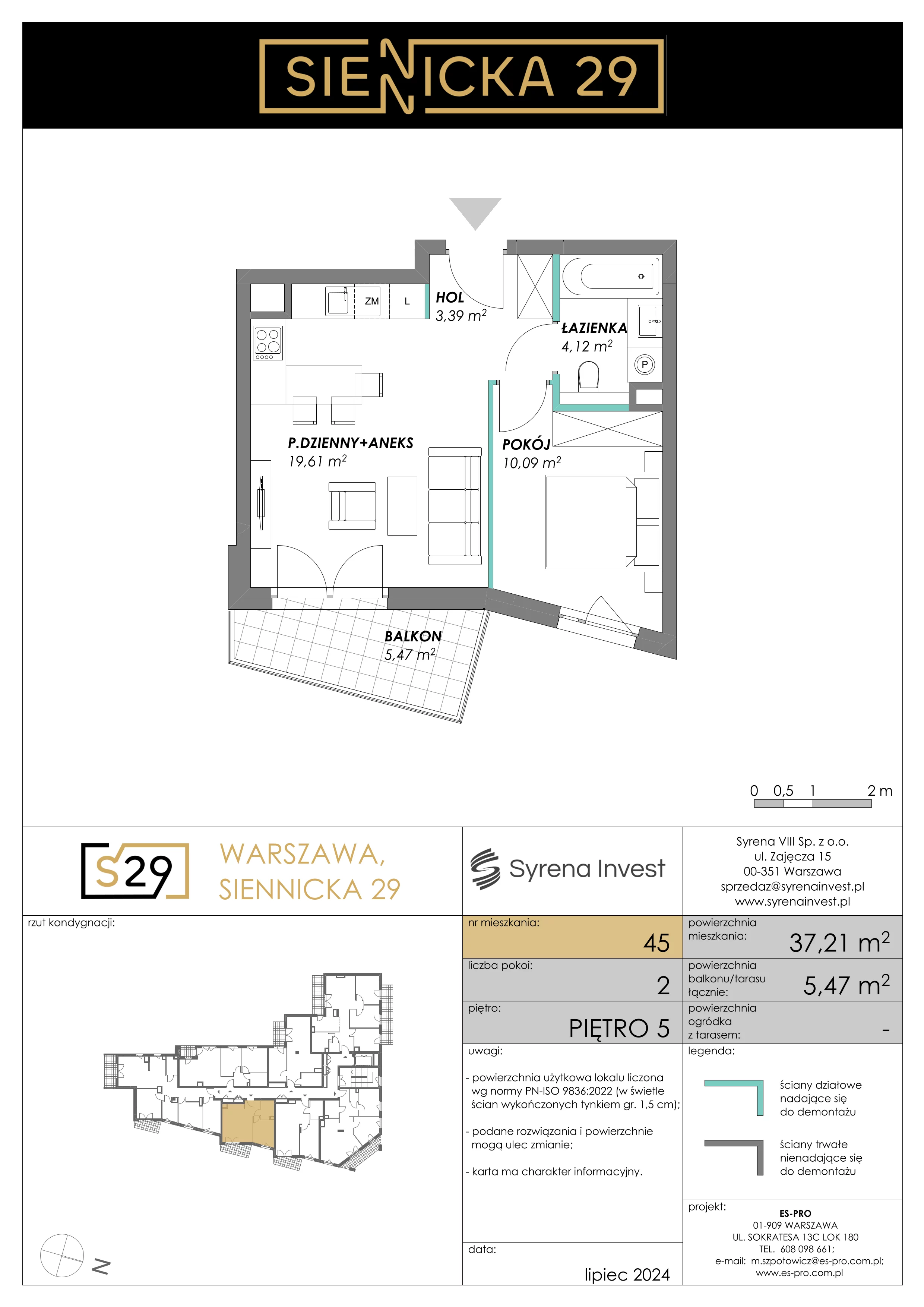 2 pokoje, mieszkanie 37,21 m², piętro 5, oferta nr 45, Siennicka 29, Warszawa, Praga Południe, Grochów, ul. Siennicka 29