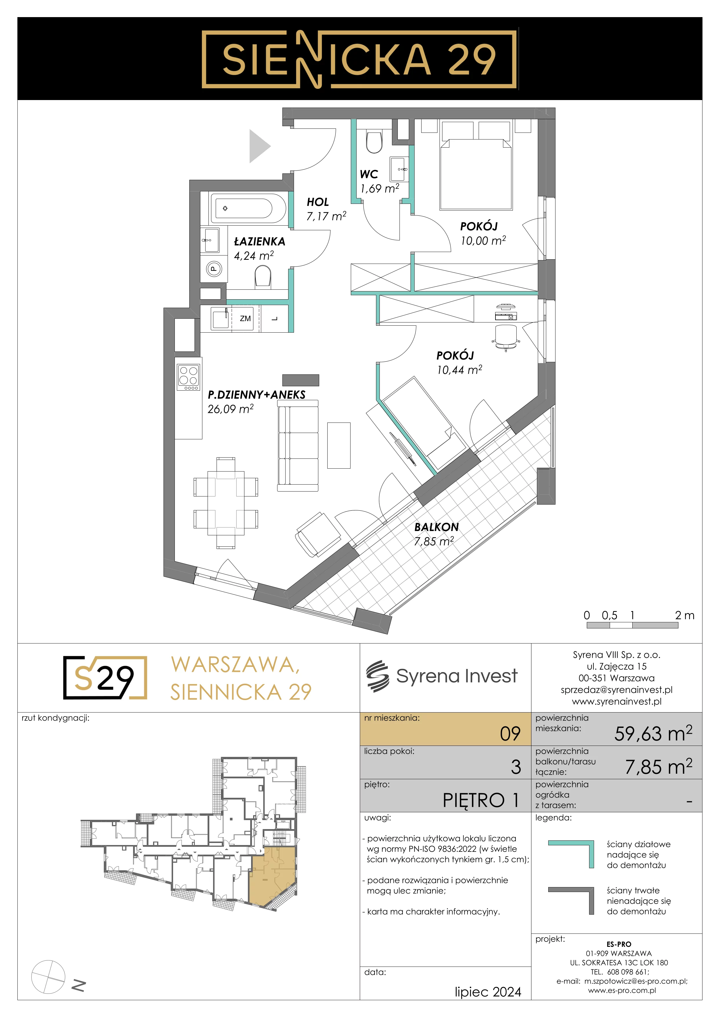 3 pokoje, mieszkanie 59,63 m², piętro 1, oferta nr 9, Siennicka 29, Warszawa, Praga Południe, Grochów, ul. Siennicka 29
