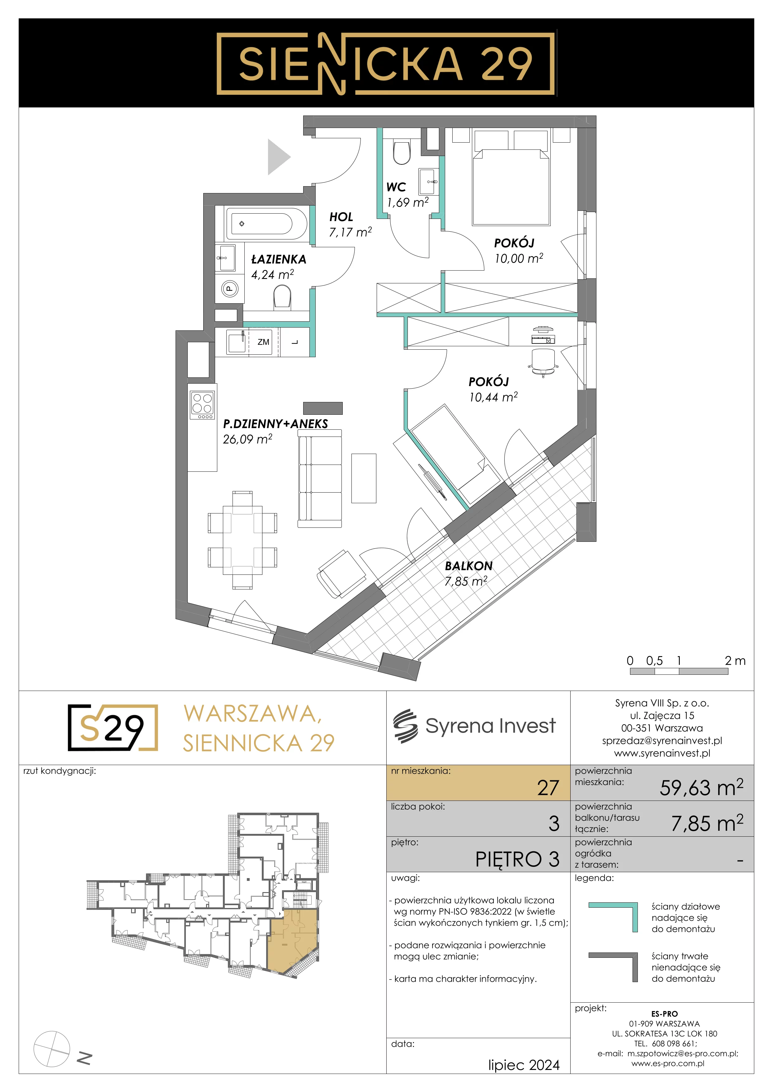 3 pokoje, mieszkanie 59,63 m², piętro 3, oferta nr 27, Siennicka 29, Warszawa, Praga Południe, Grochów, ul. Siennicka 29