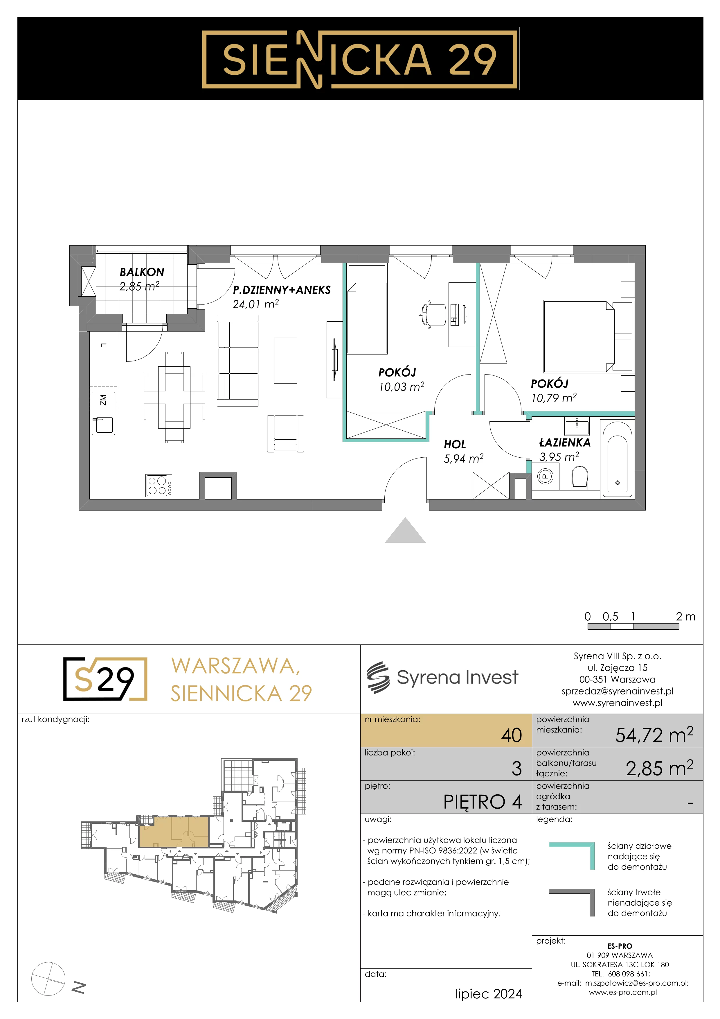 3 pokoje, mieszkanie 54,72 m², piętro 4, oferta nr 40, Siennicka 29, Warszawa, Praga Południe, Grochów, ul. Siennicka 29