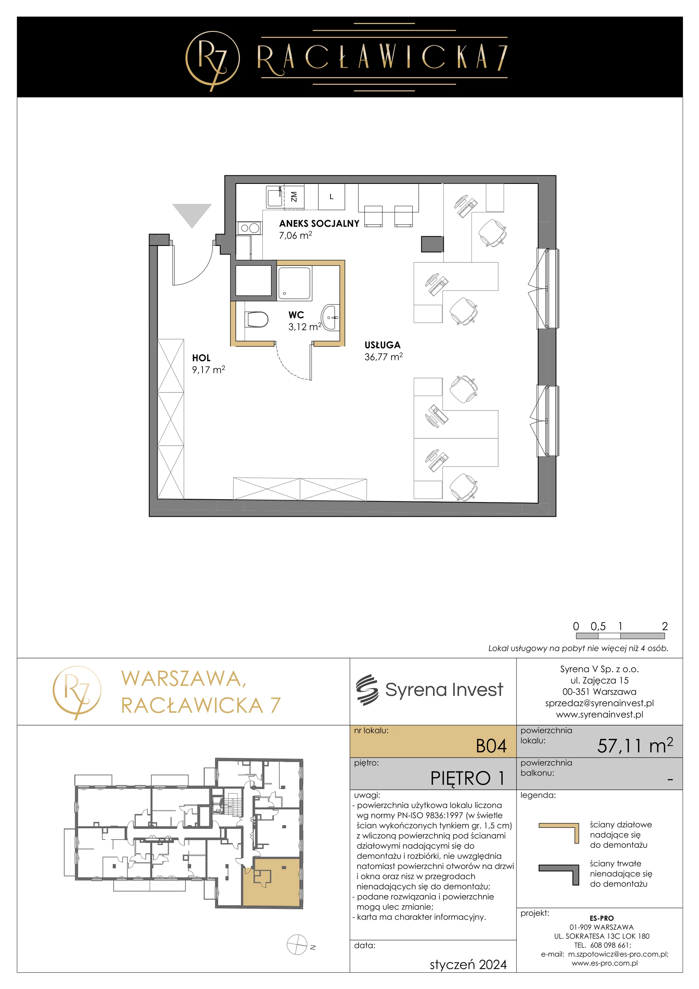 Lokal inwestycyjny 57,11 m², piętro 1, oferta nr B04, Racławicka 7 - lokale inwestycyjne, Warszawa, Mokotów, Stary Mokotów, ul. Racławicka 7